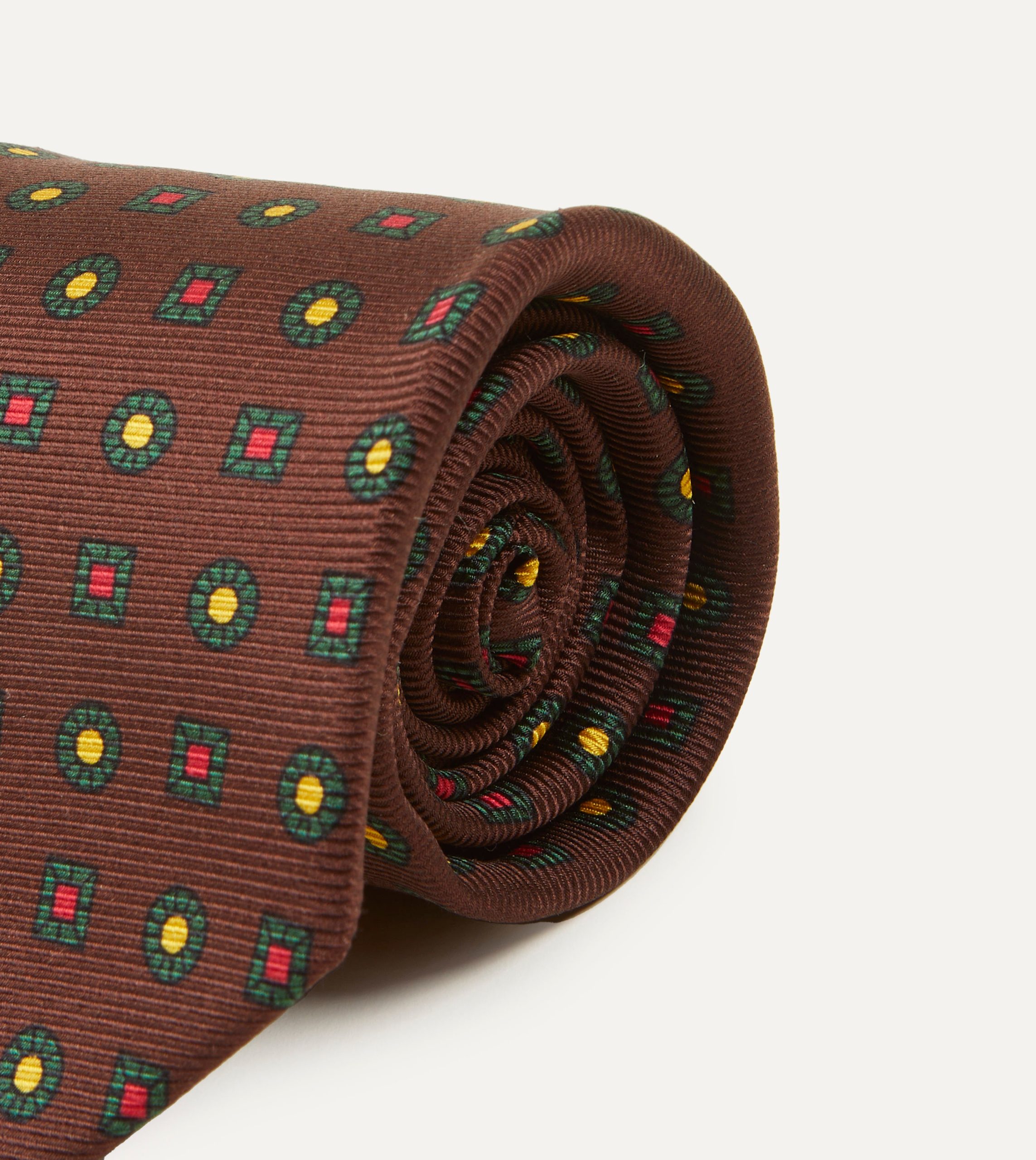 Brown and Green Geometric Medallion Print Madder Twill Silk Tie - Image 3