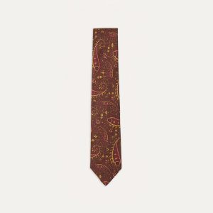 Brown. Red and Yellow Paisley Print Madder Twill Silk Tie