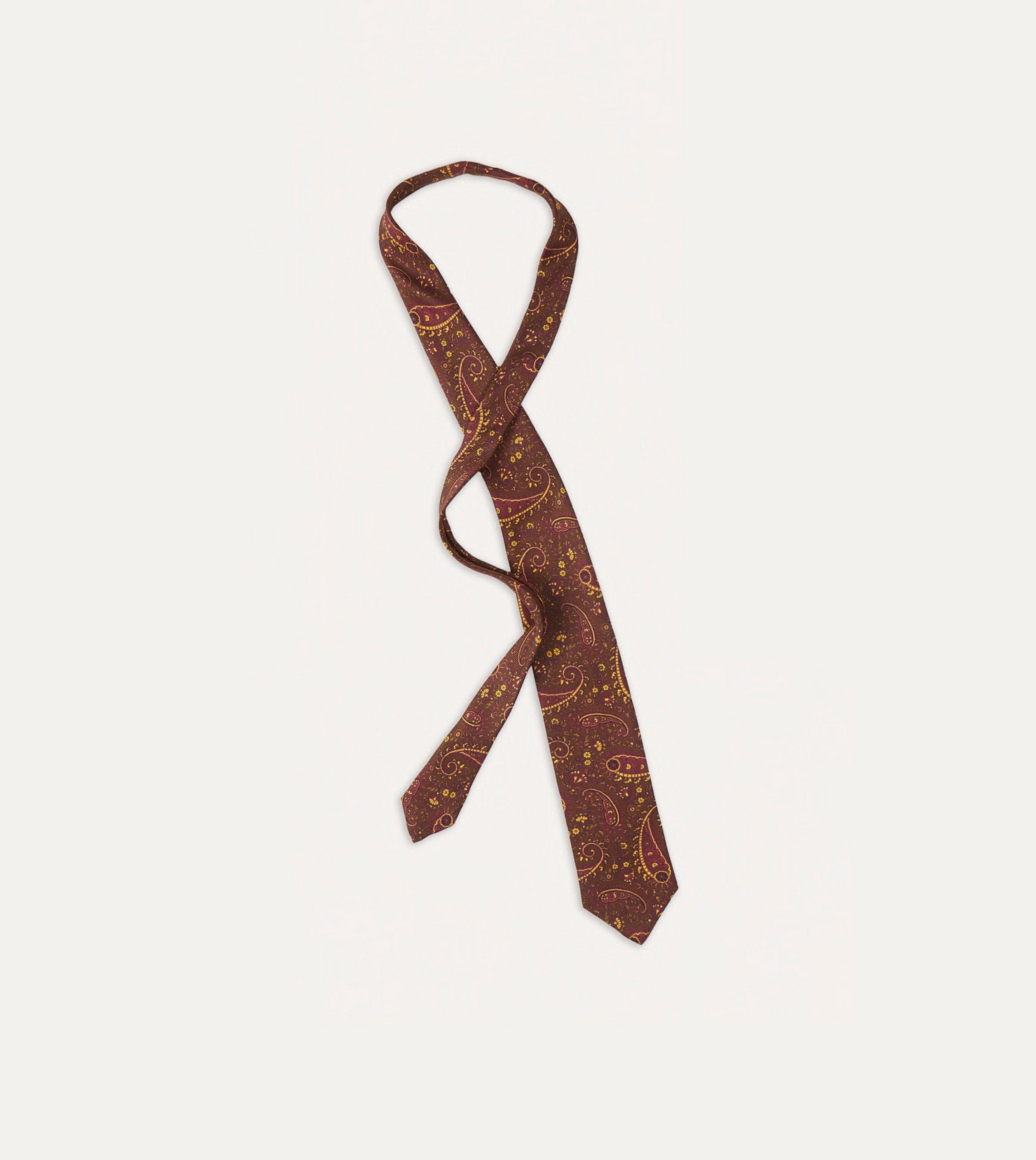 Brown. Red and Yellow Paisley Print Madder Twill Silk Tie - Image 4