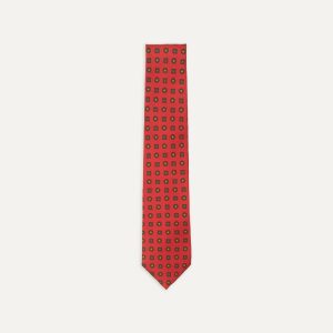 Red and Green Geometric Medallion Print Madder Twill Silk Tie