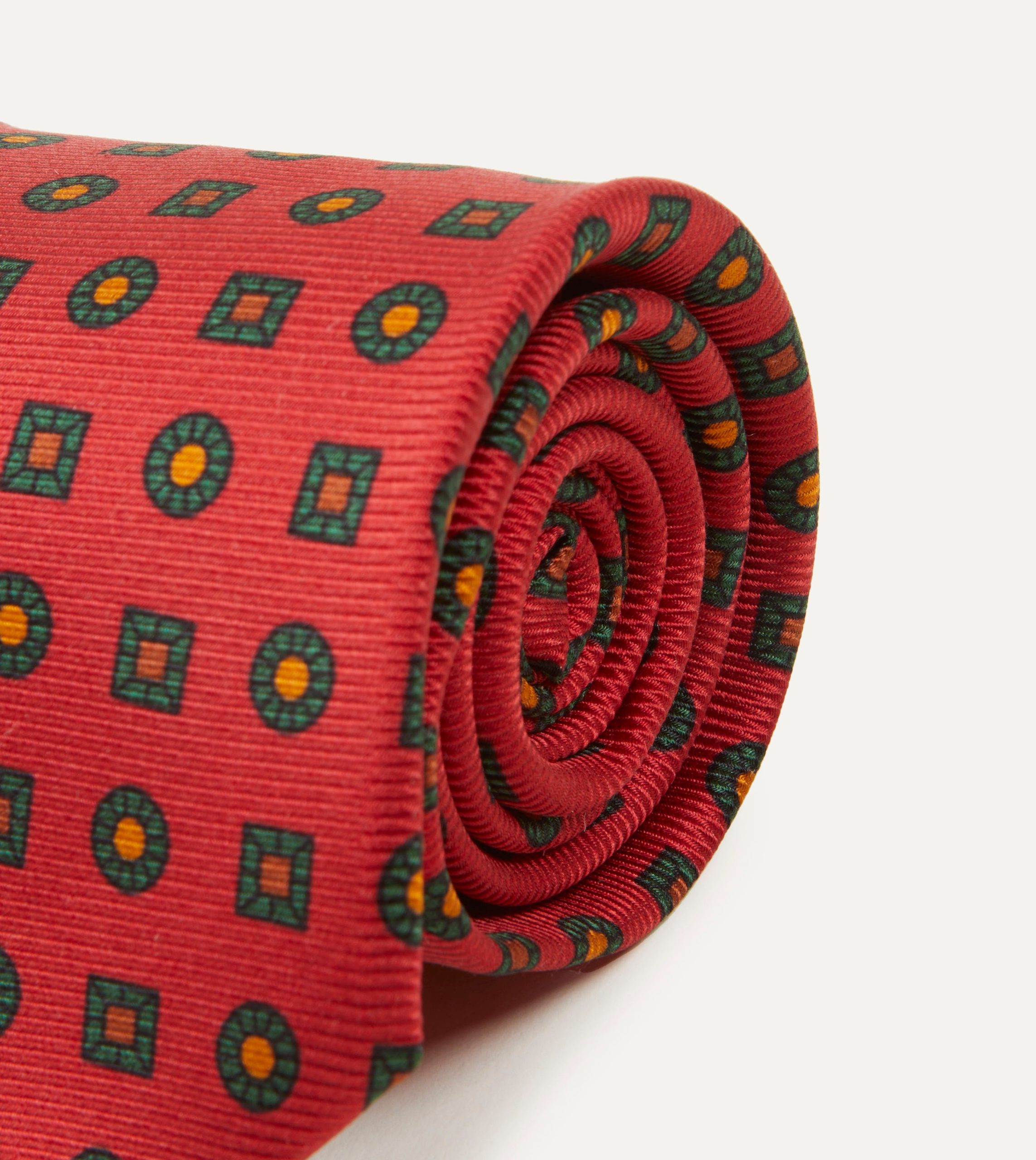 Red and Green Geometric Medallion Print Madder Twill Silk Tie - Image 3