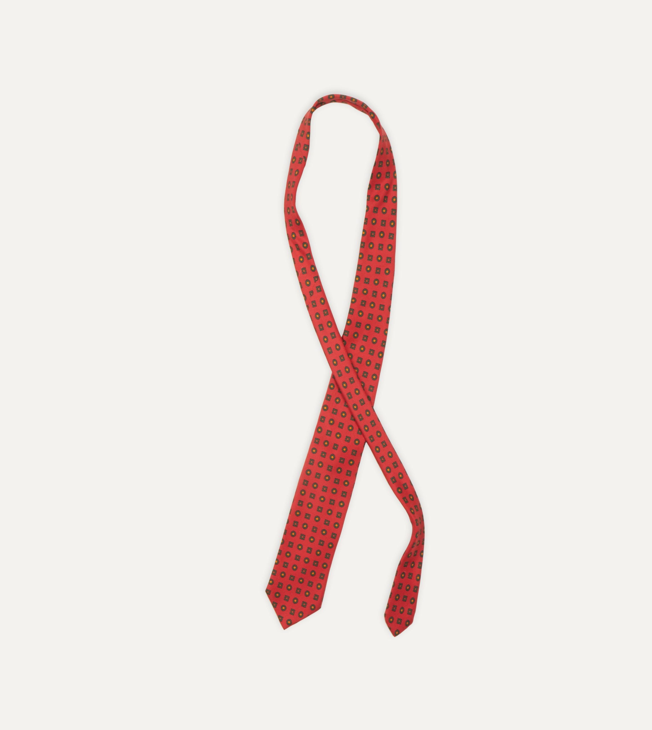 Red and Green Geometric Medallion Print Madder Twill Silk Tie - Image 4