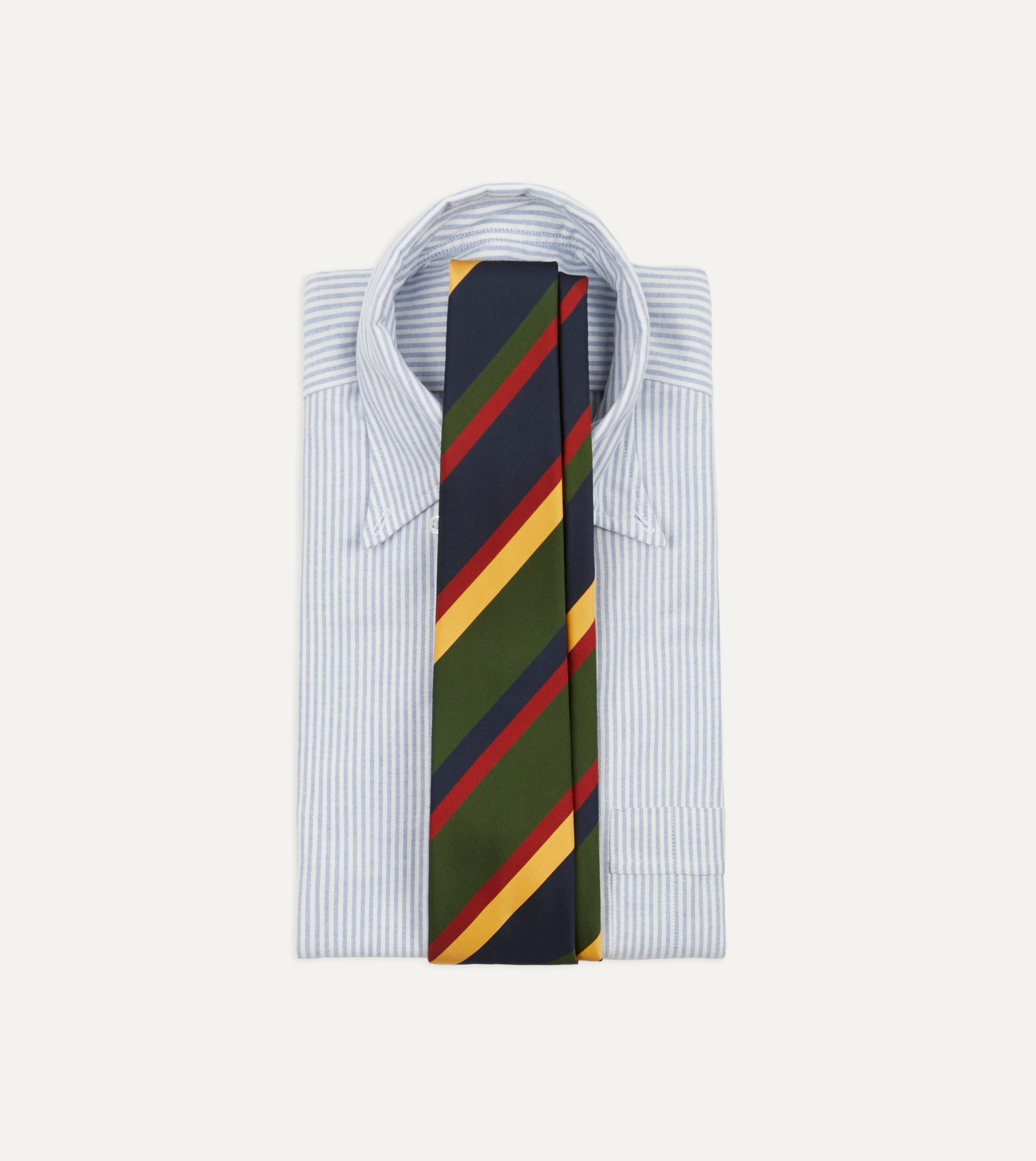 Navy. Red. Green and Yellow Stripe Silk Hand Rolled Tie - Image 2