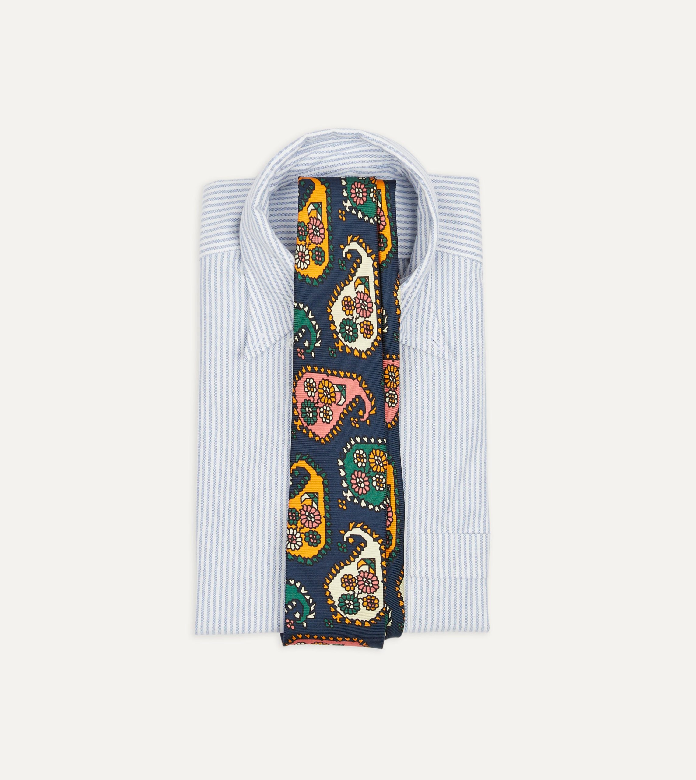 Navy Geometric Paisley Print Twill Silk Tipped Tie - Image 2