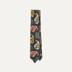 Navy Geometric Paisley Print Twill Silk Tipped Tie
