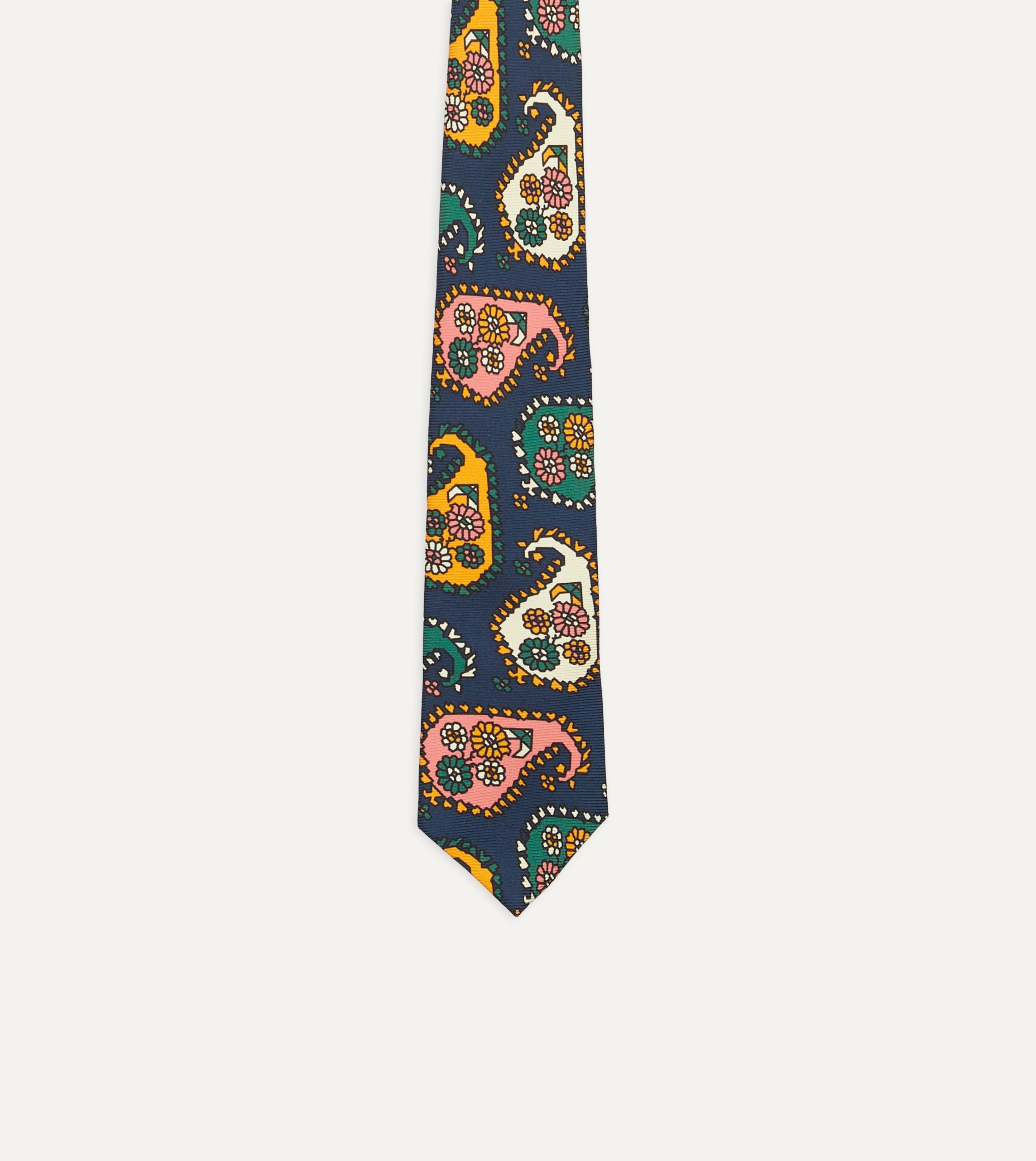 Navy Geometric Paisley Print Twill Silk Tipped Tie - Image 4