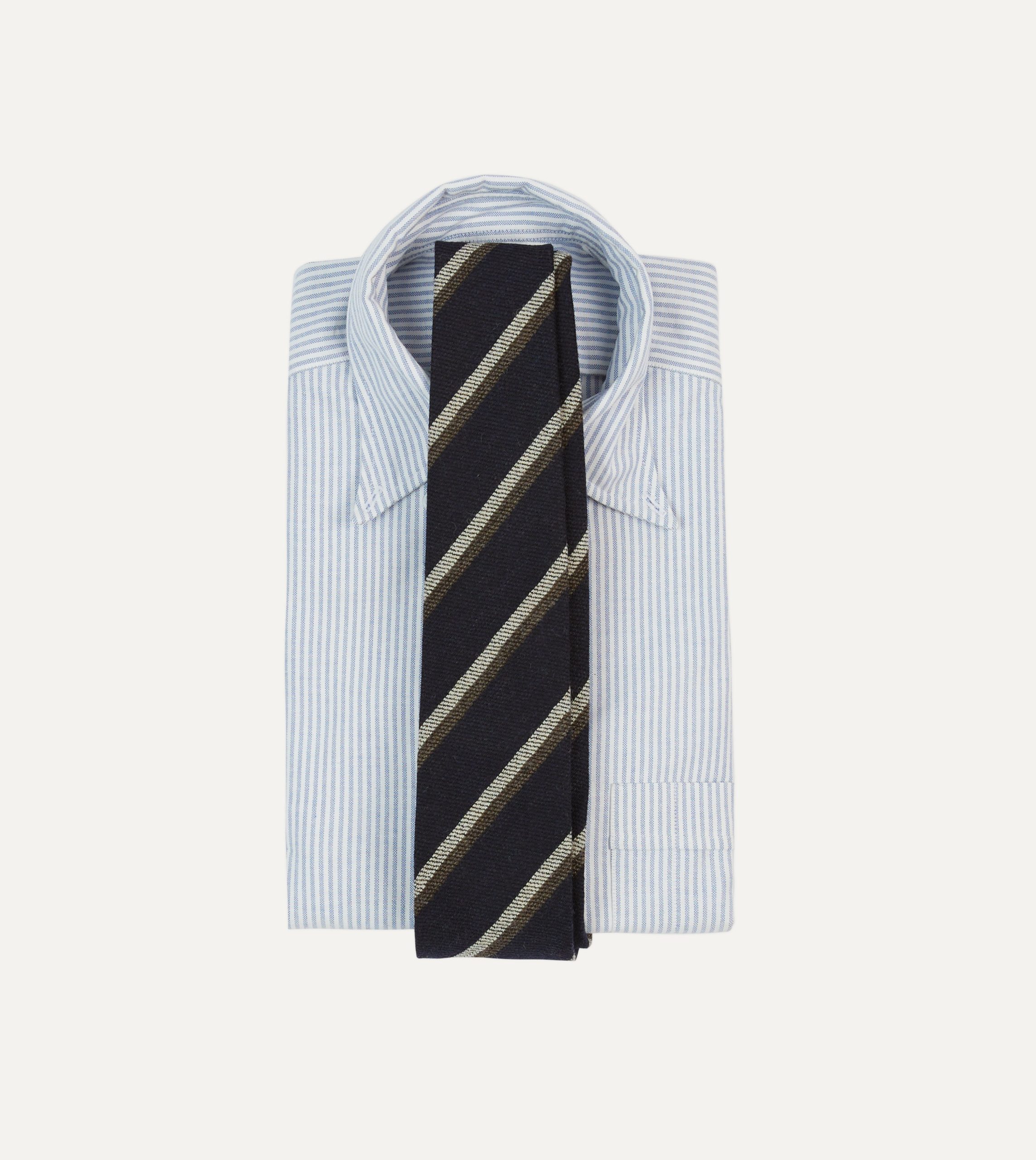Navy. White and Brown Double Stripe Tipped Wool Tie - Image 2