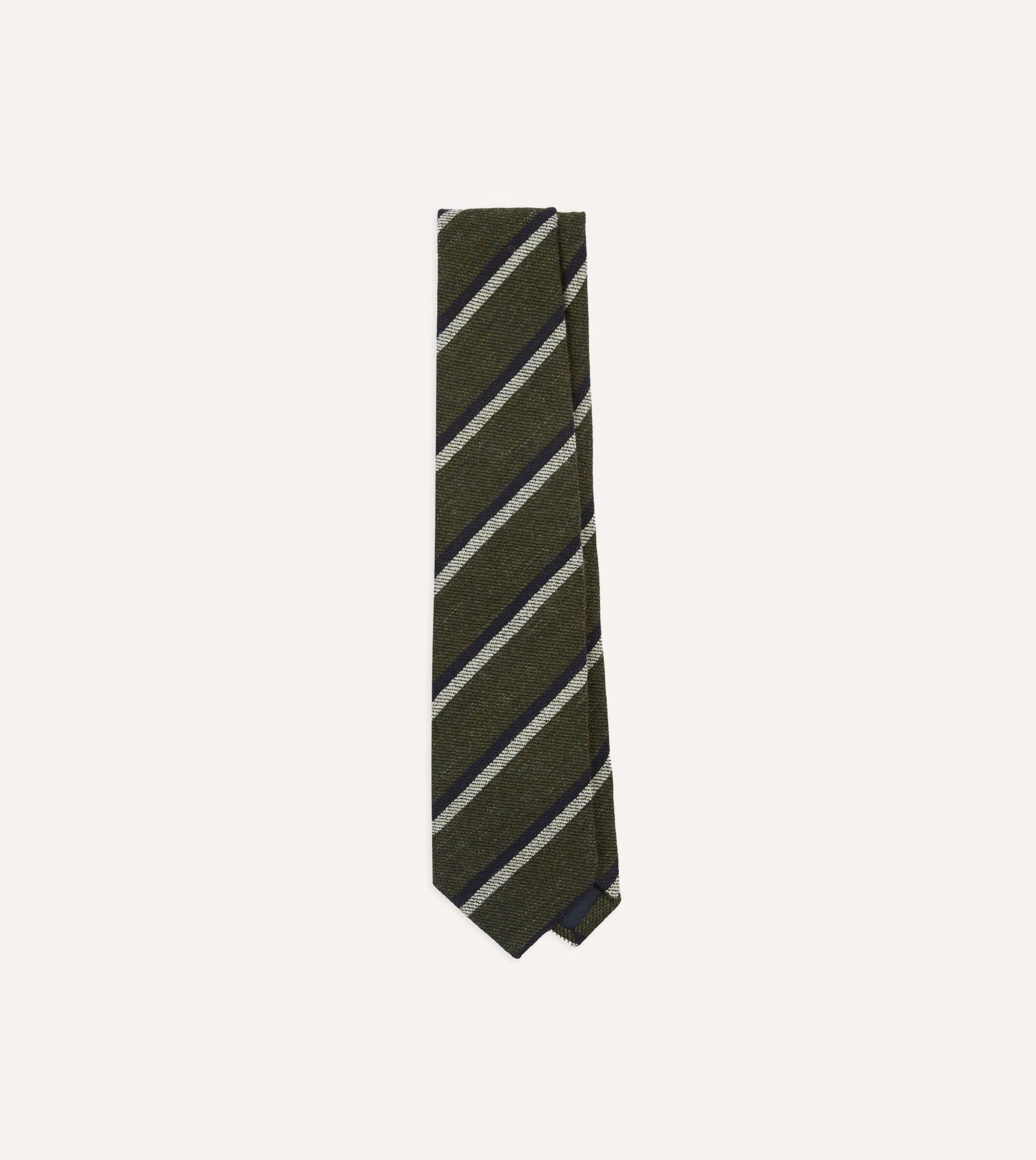 Khaki. White and Navy Double Stripe Tipped Wool Tie