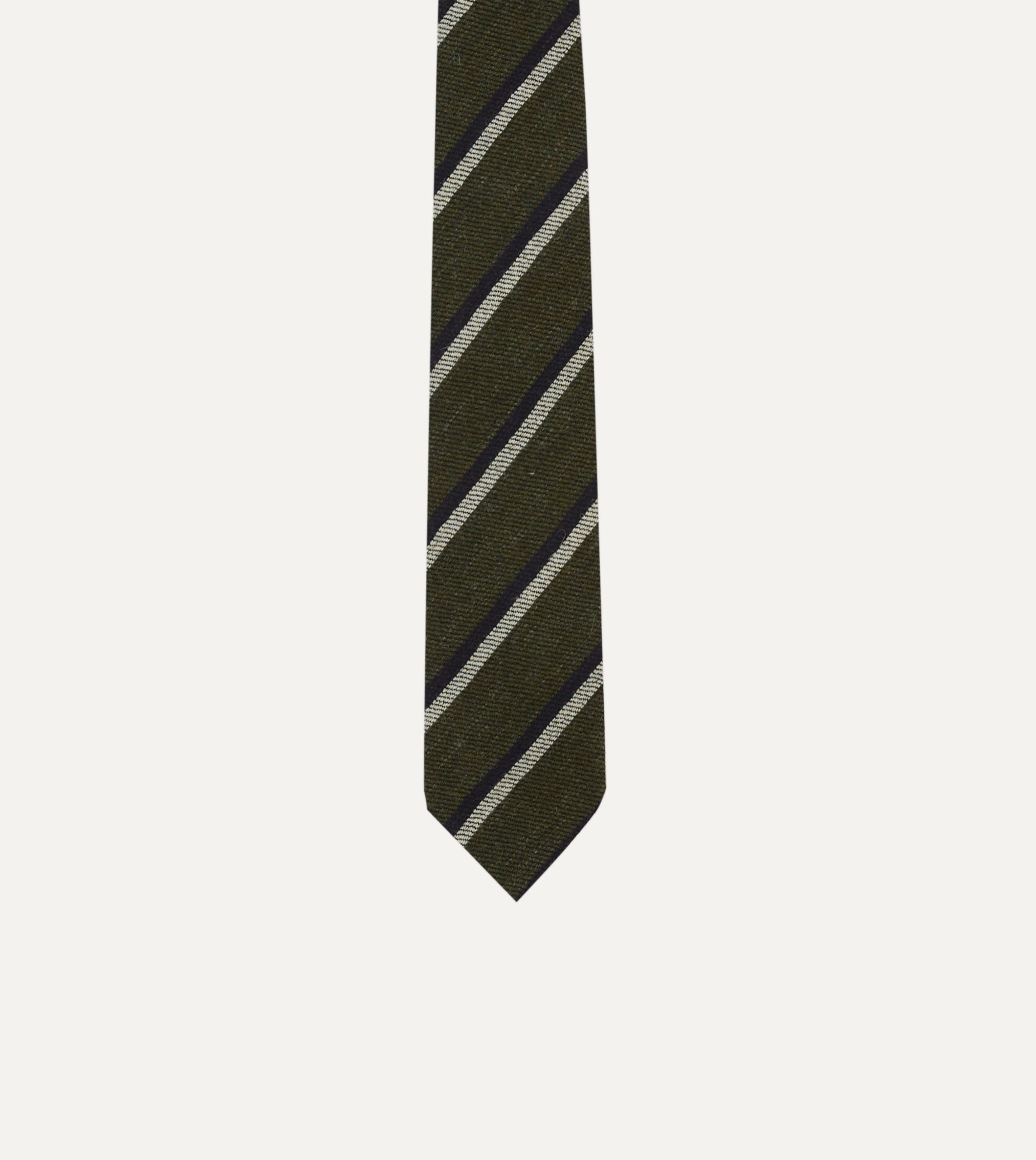 Khaki. White and Navy Double Stripe Tipped Wool Tie - Image 3