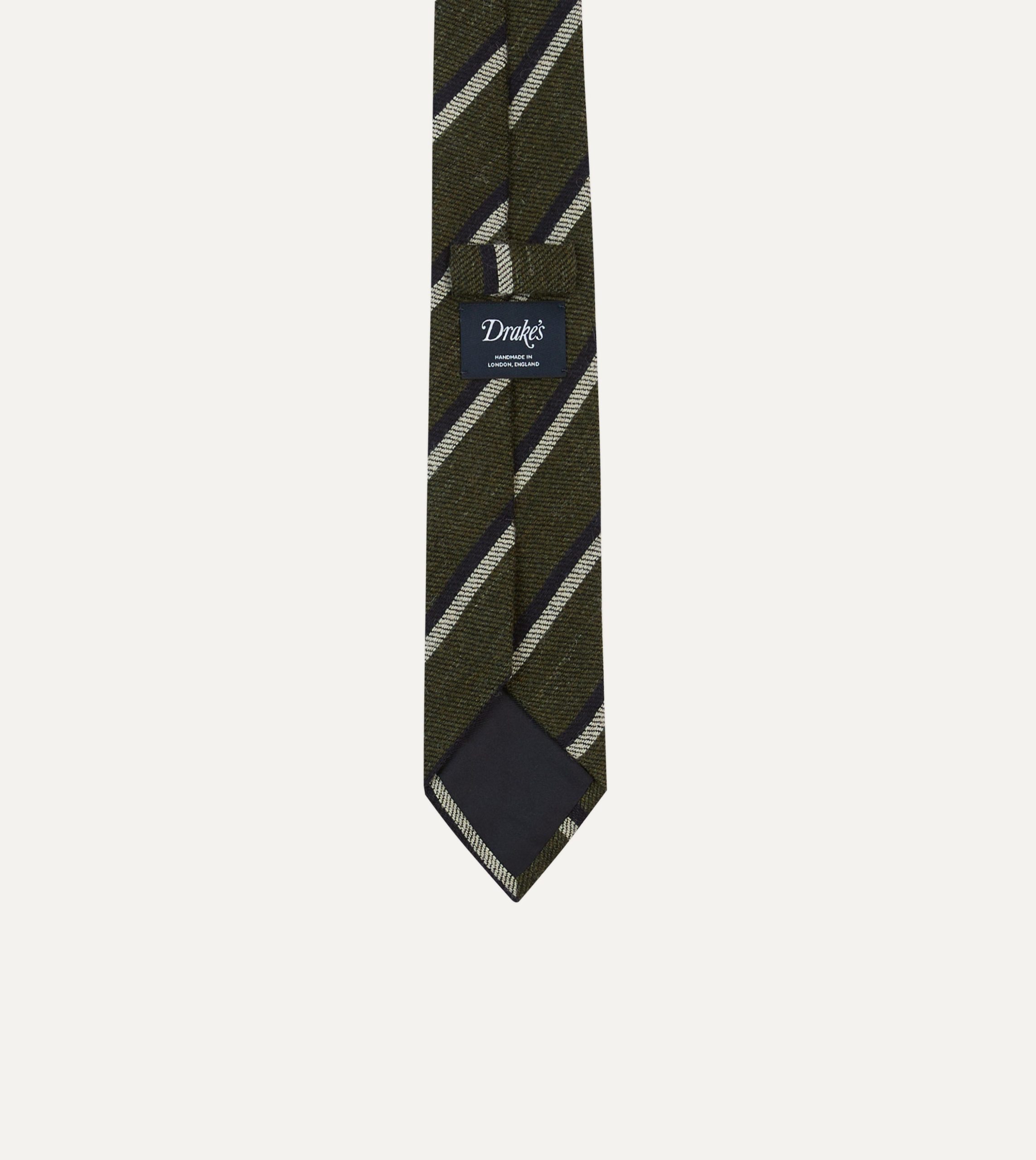 Khaki. White and Navy Double Stripe Tipped Wool Tie - Image 4