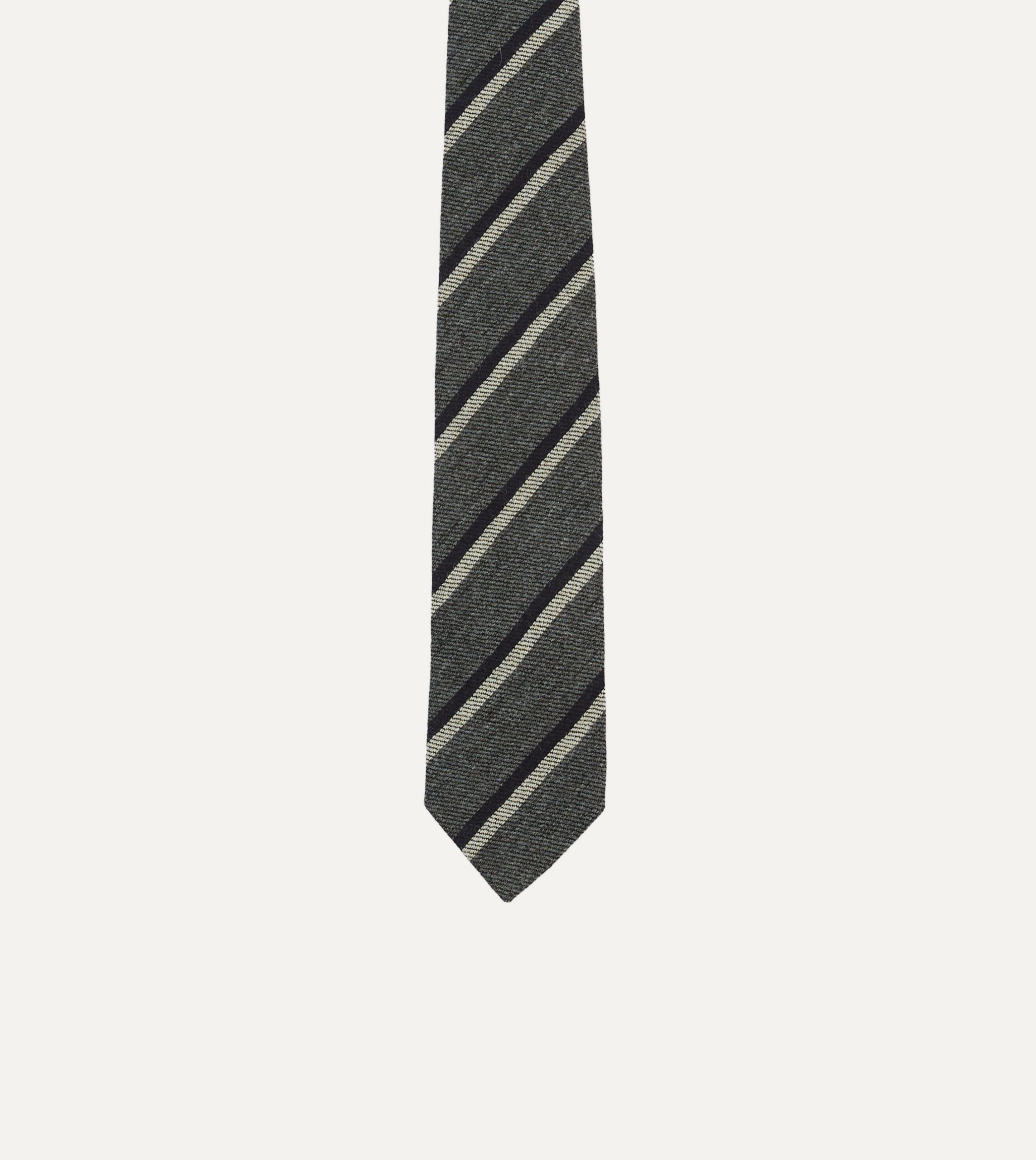 Grey. Navy and White Double Stripe Tipped Wool Tie - Image 3