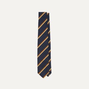 Gold. Navy and Brown Double Stripe Mogador Silk Tipped Tie