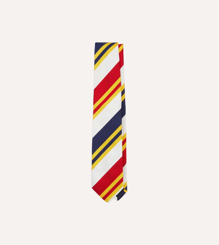 White. Navy. Yellow and Red Wide Stripe Repp Silk Tipped Tie