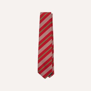 Red. Olive and White Multi Stripe Mogador Silk Tipped Tie