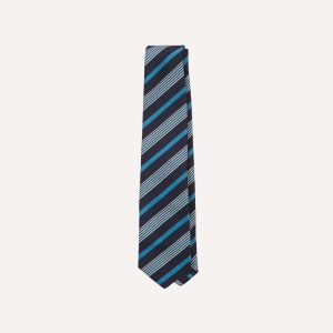 Navy. Blue and White Multi Stripe Mogador Silk Tipped Tie
