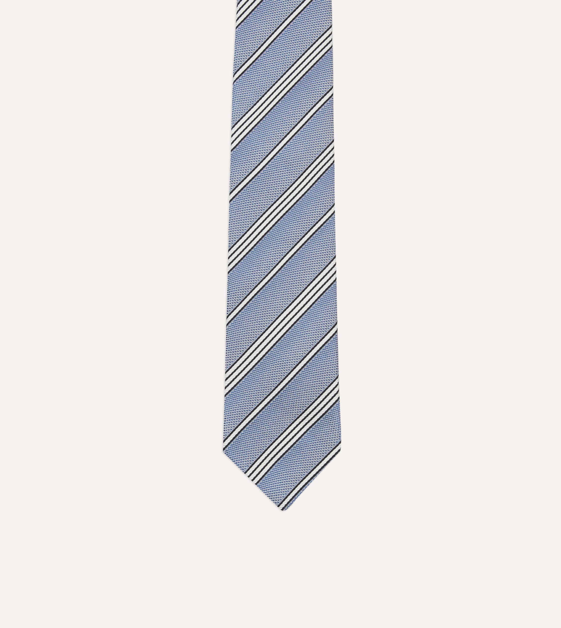 Blue. Navy and Ecru Twill Stripe Tipped Silk Grenadine Tie - Image 3