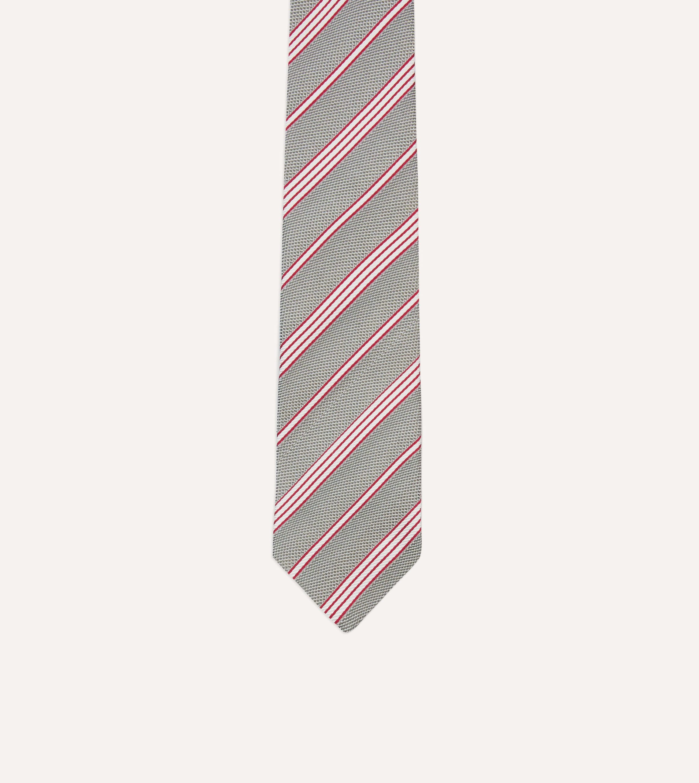 Grey. Red and Ecru Twill Stripe Tipped Silk Grenadine Tie - Image 3