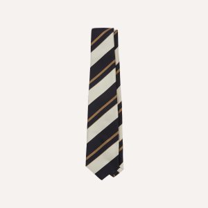 Navy. White and Fawn Stripe Repp Silk Tipped Tie