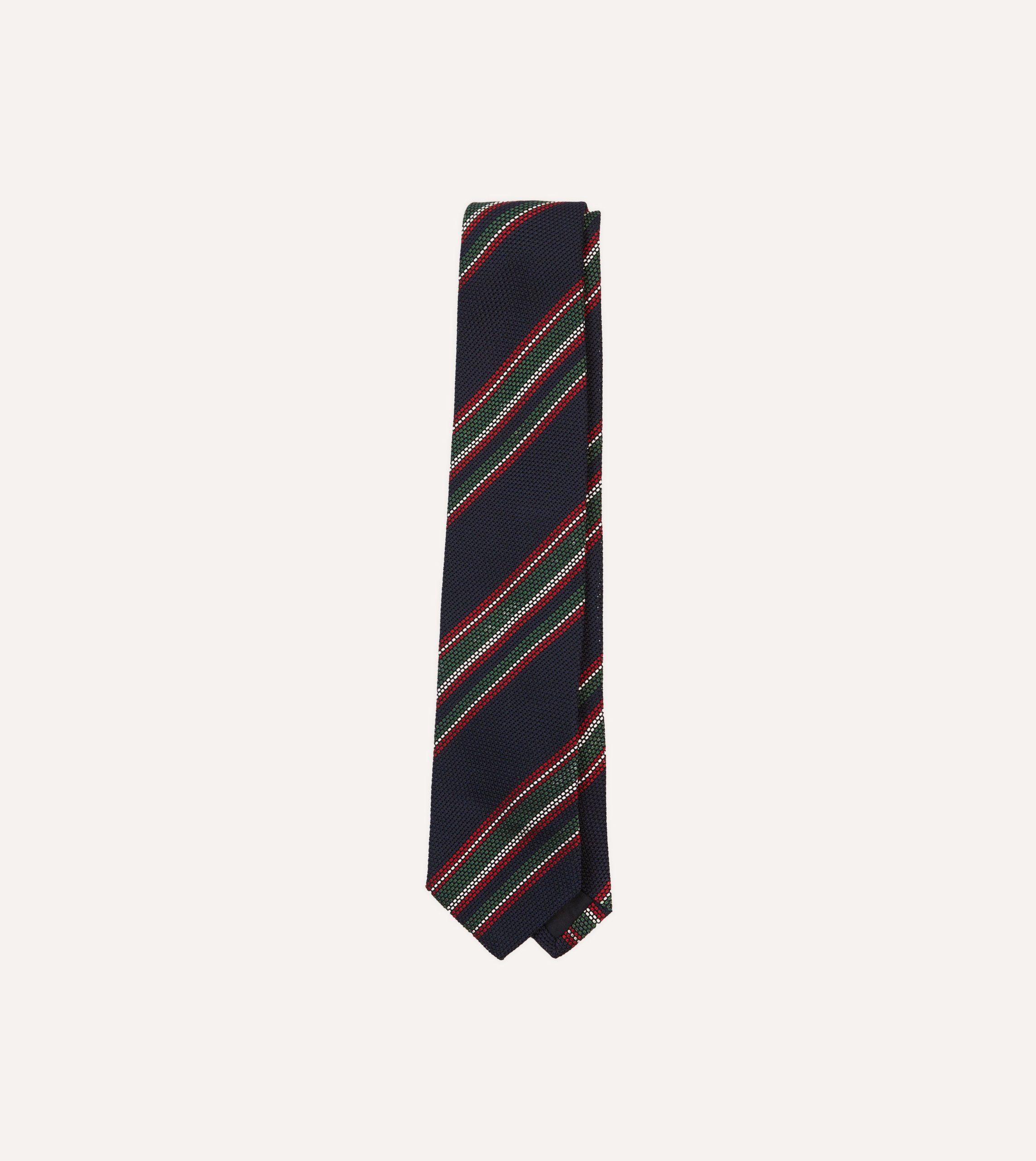 Navy. Green and Red Stripe Hand Rolled Silk Grenadine Tie
