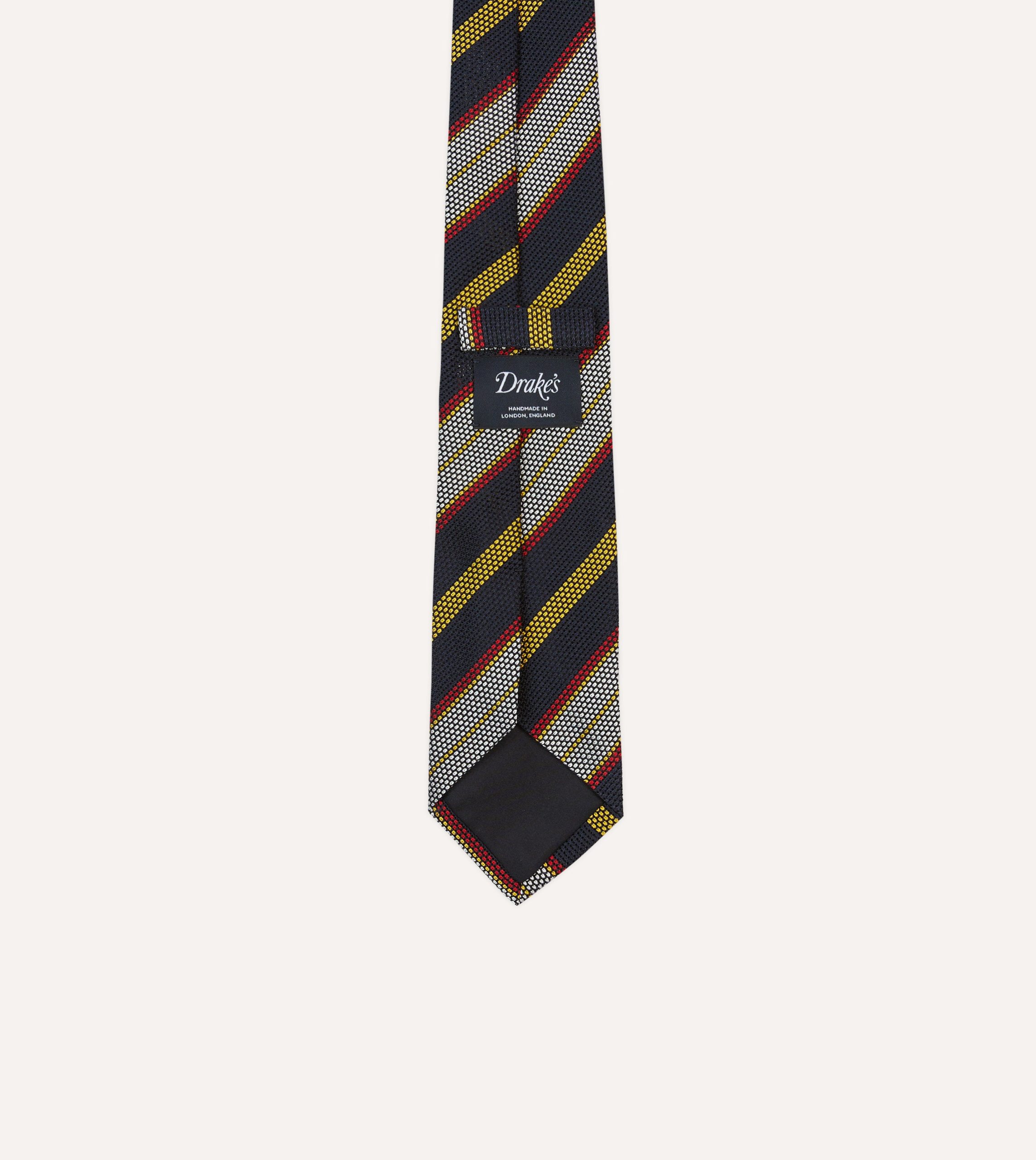Navy. Yellow. Red and White Multi Stripe Tipped Silk Grenadine Tie - Image 4