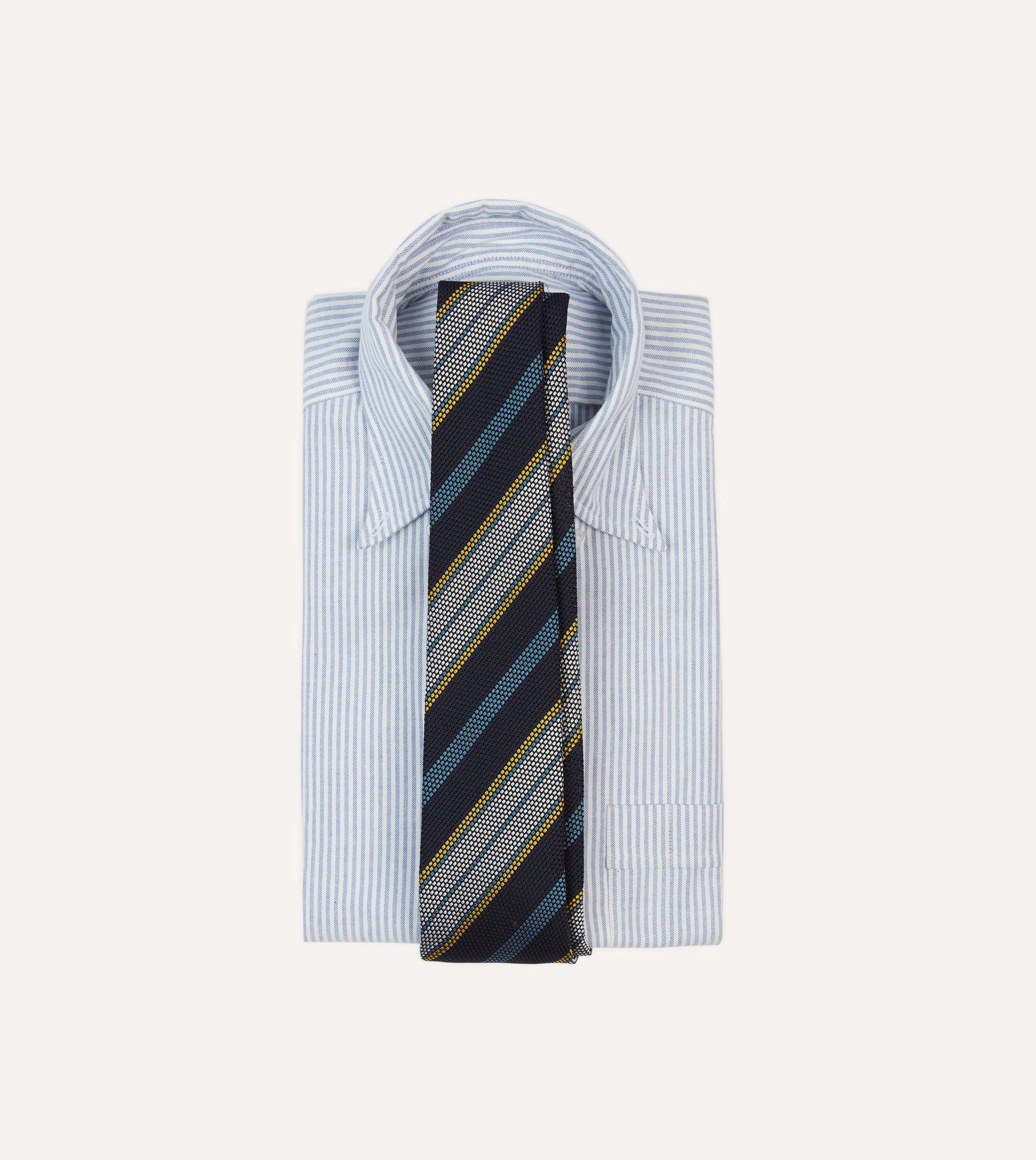 Navy. Blue. Yellow and White Multi Stripe Tipped Silk Grenadine Tie - Image 2