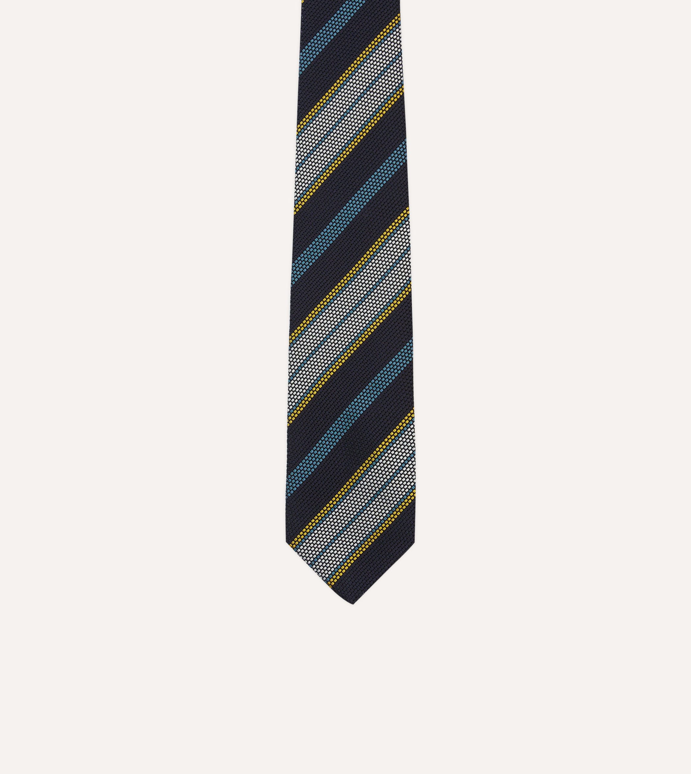 Navy. Blue. Yellow and White Multi Stripe Tipped Silk Grenadine Tie - Image 3