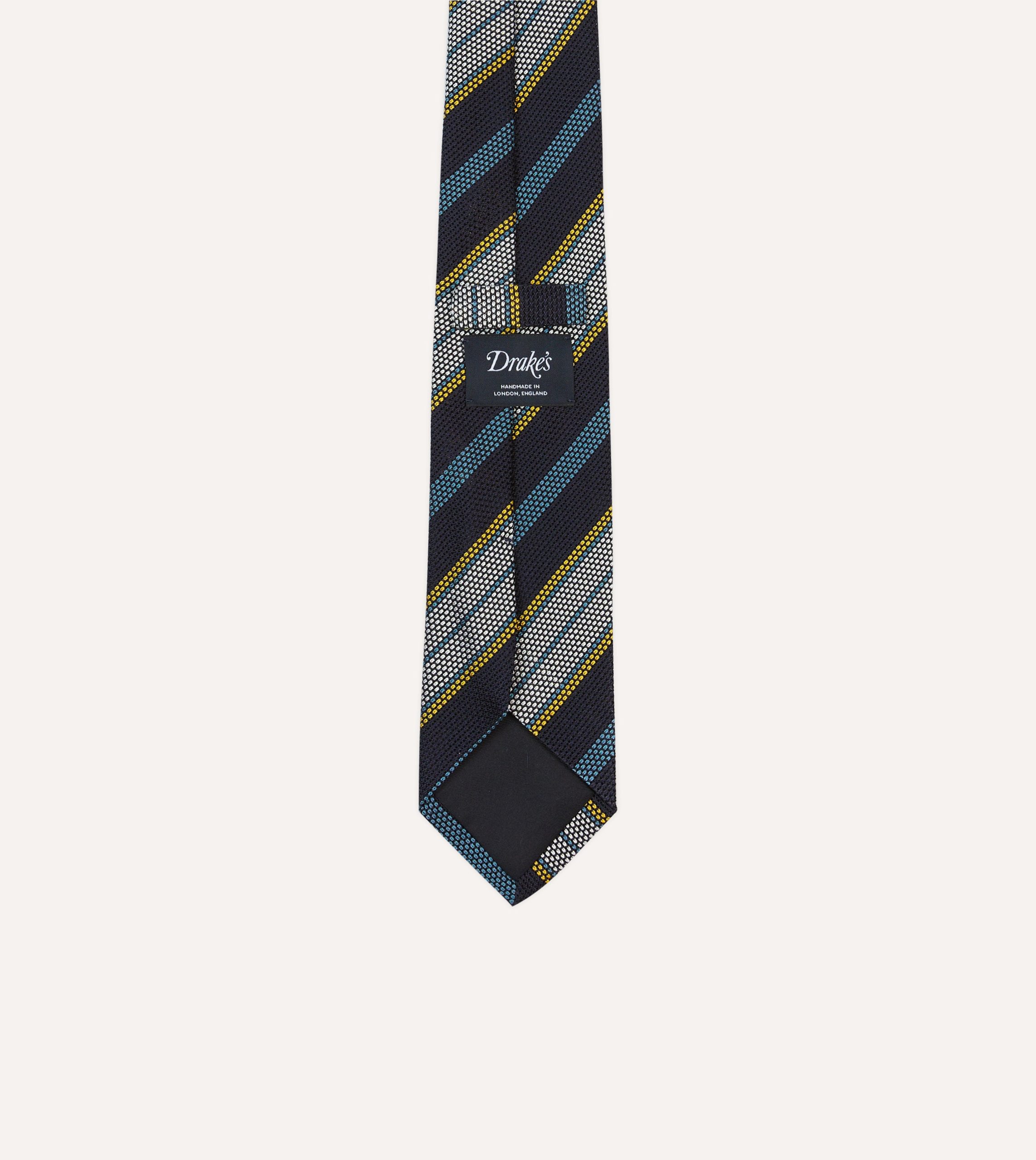 Navy. Blue. Yellow and White Multi Stripe Tipped Silk Grenadine Tie - Image 4