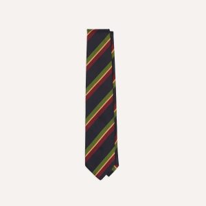 Navy. Green and Red Sandwich Stripe Repp Silk Tipped Tie