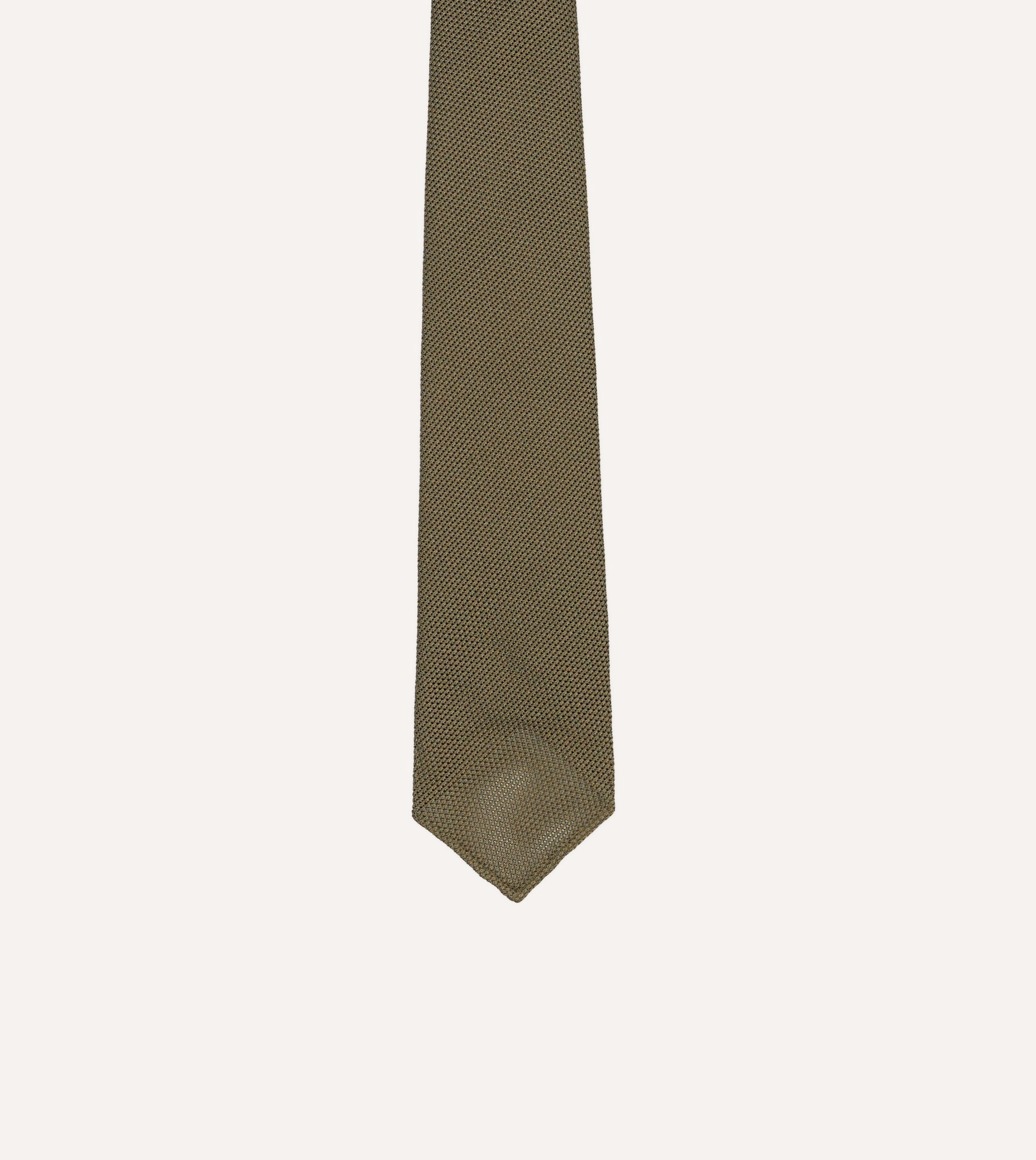 Khaki Green Fine Woven Grenadine Silk Hand Rolled Tie - Image 3