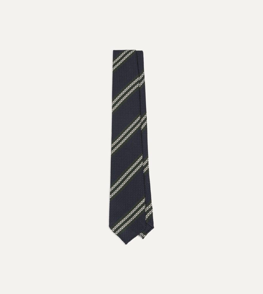 Navy. Green and White Double Stripe Silk Grenadine Tie