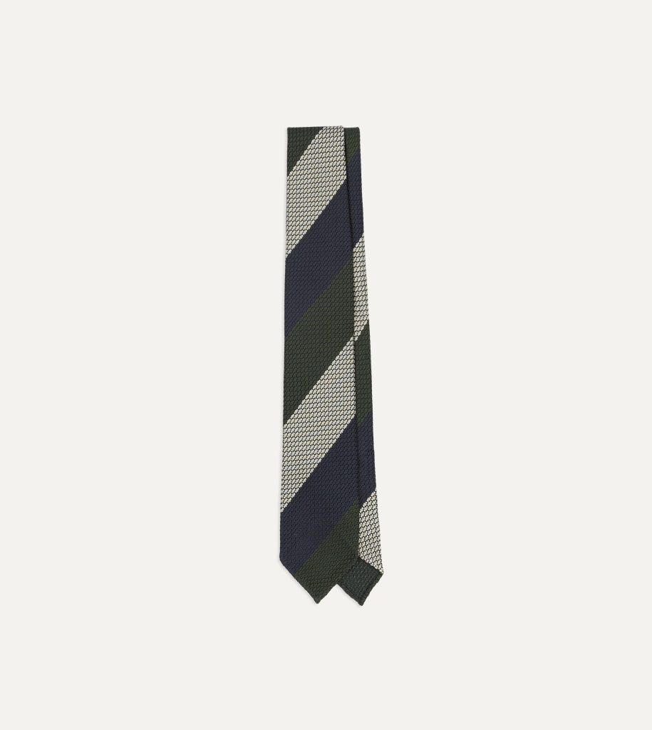 Navy. Green and White Wide Stripe Silk Grenadine Tie
