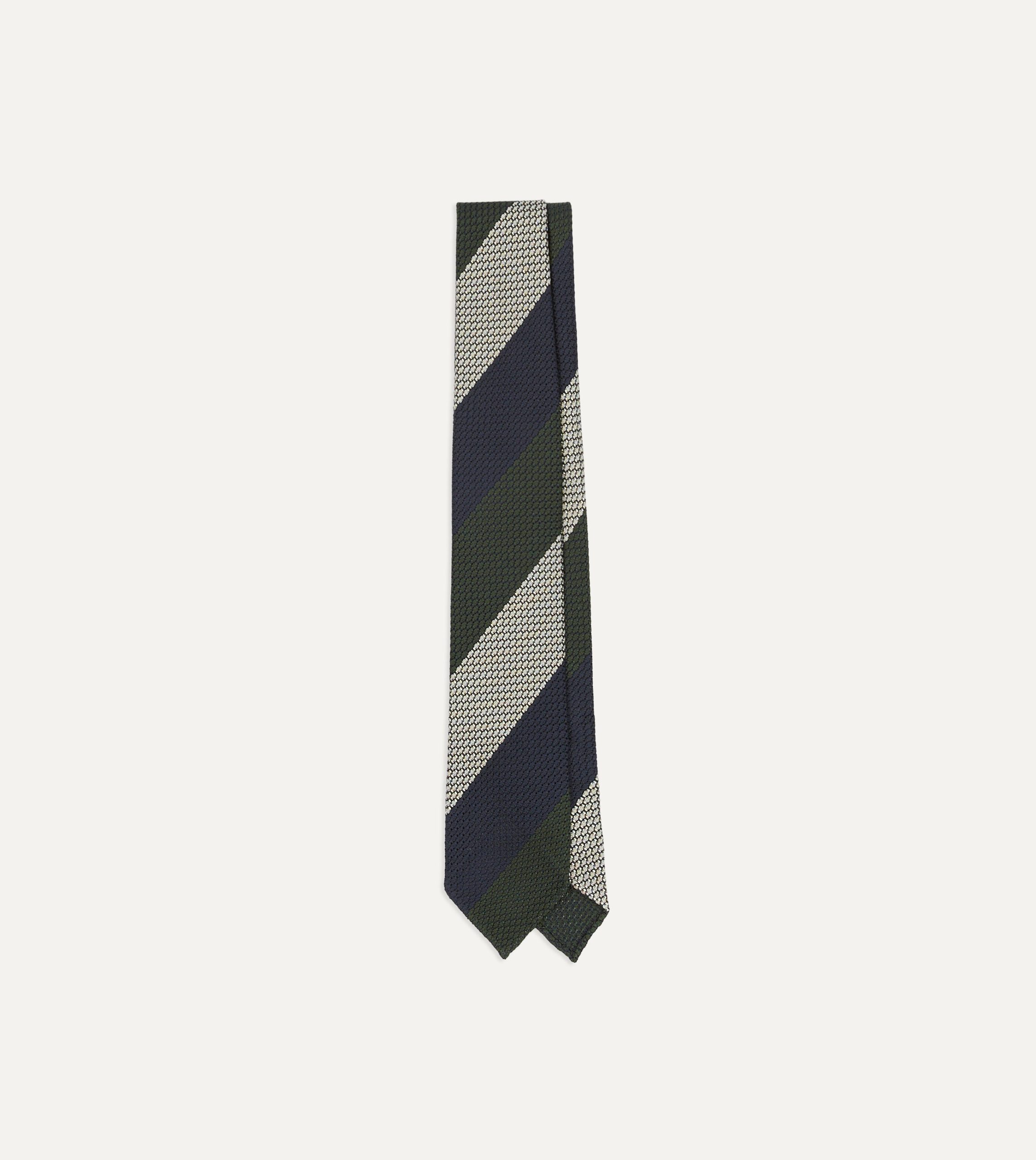 Navy. Green and White Wide Stripe Silk Grenadine Tie