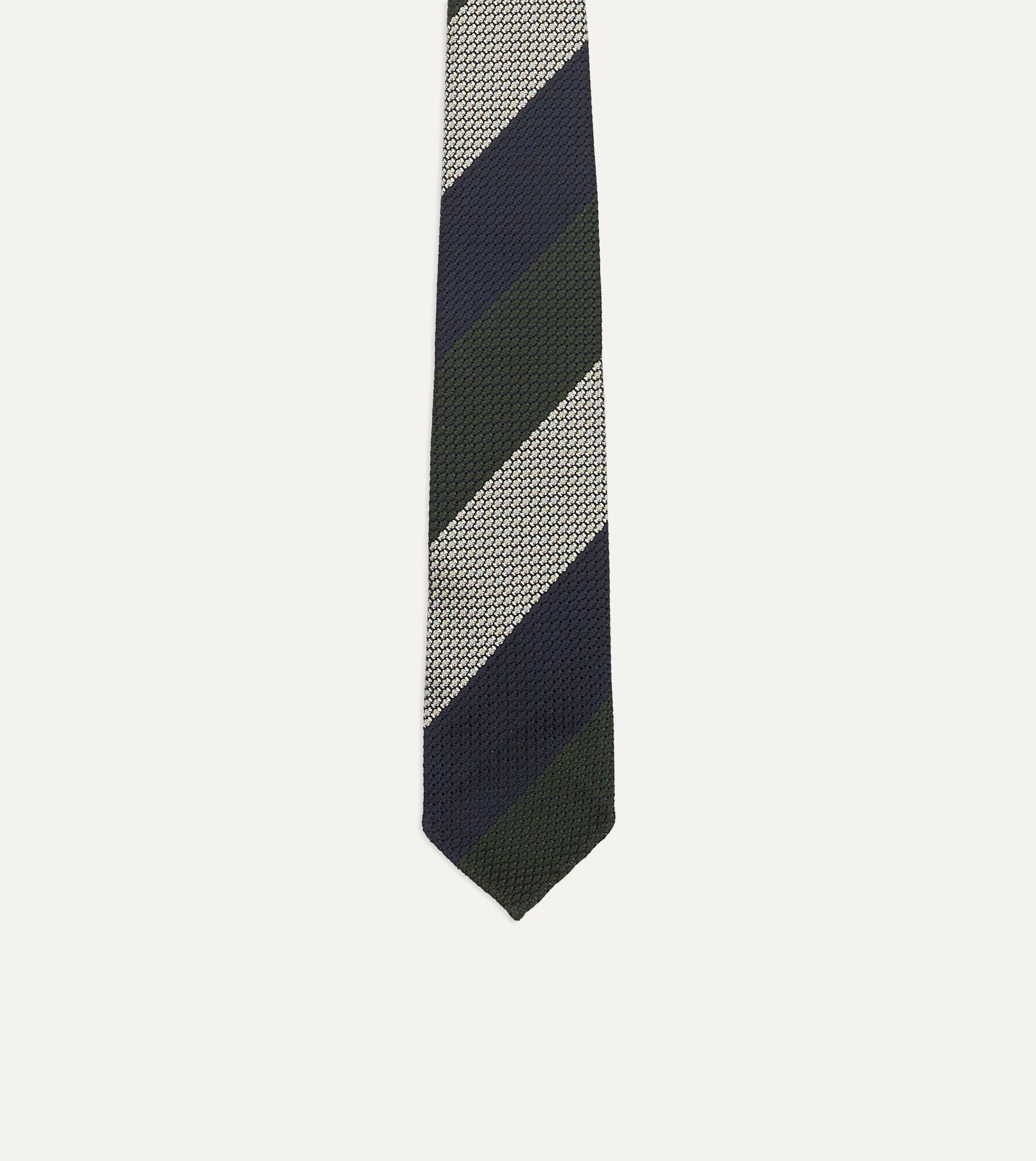 Navy. Green and White Wide Stripe Silk Grenadine Tie - Image 4