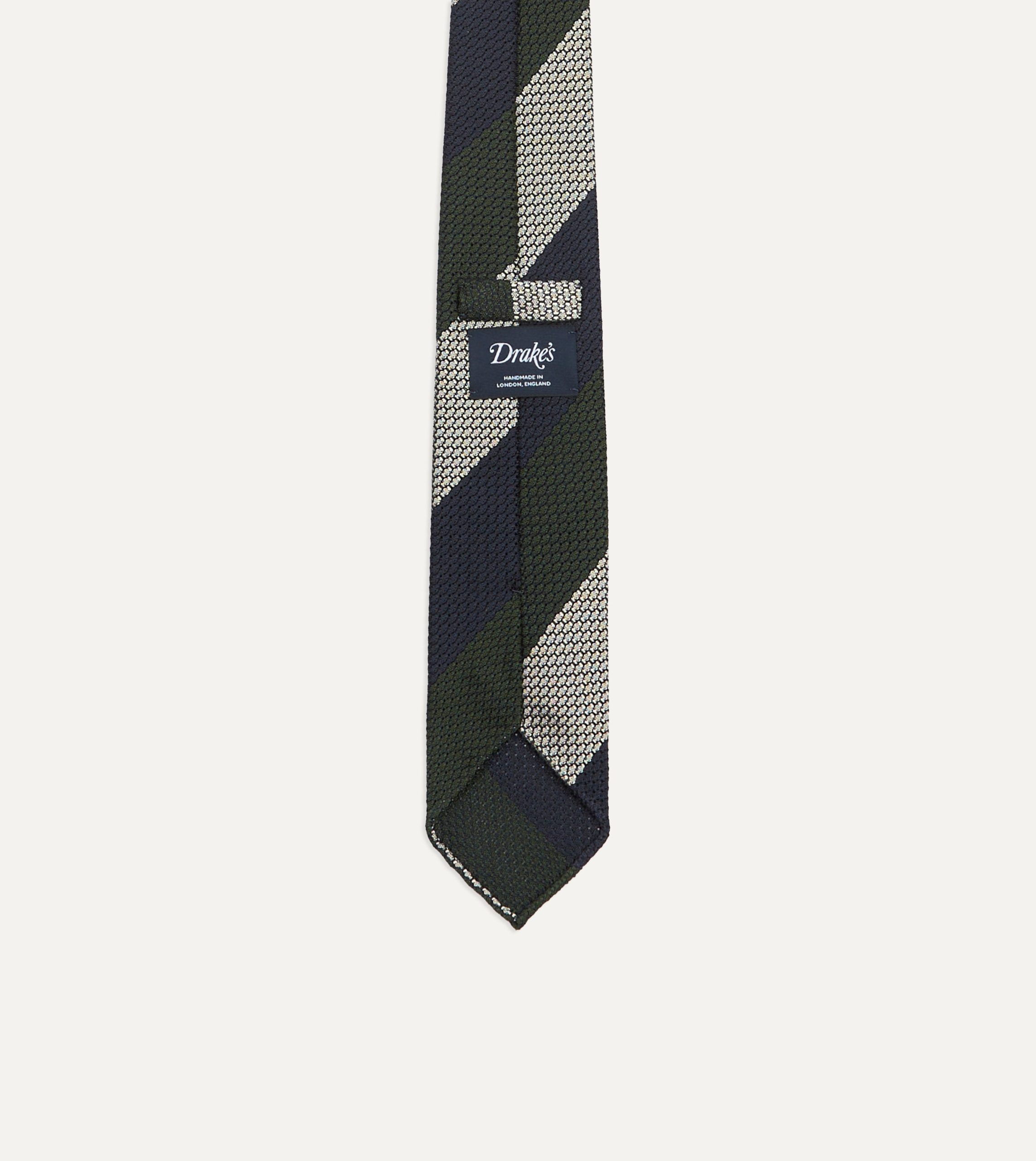 Navy. Green and White Wide Stripe Silk Grenadine Tie - Image 3