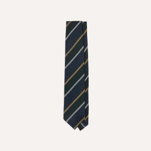 Navy. White and Green Stripe Hand Rolled Silk Grenadine Tie
