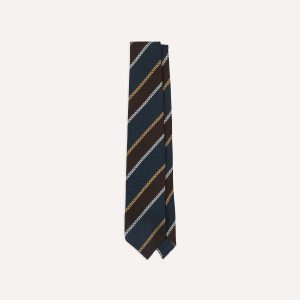 Navy. White and Brown Stripe Hand Rolled Silk Grenadine Tie