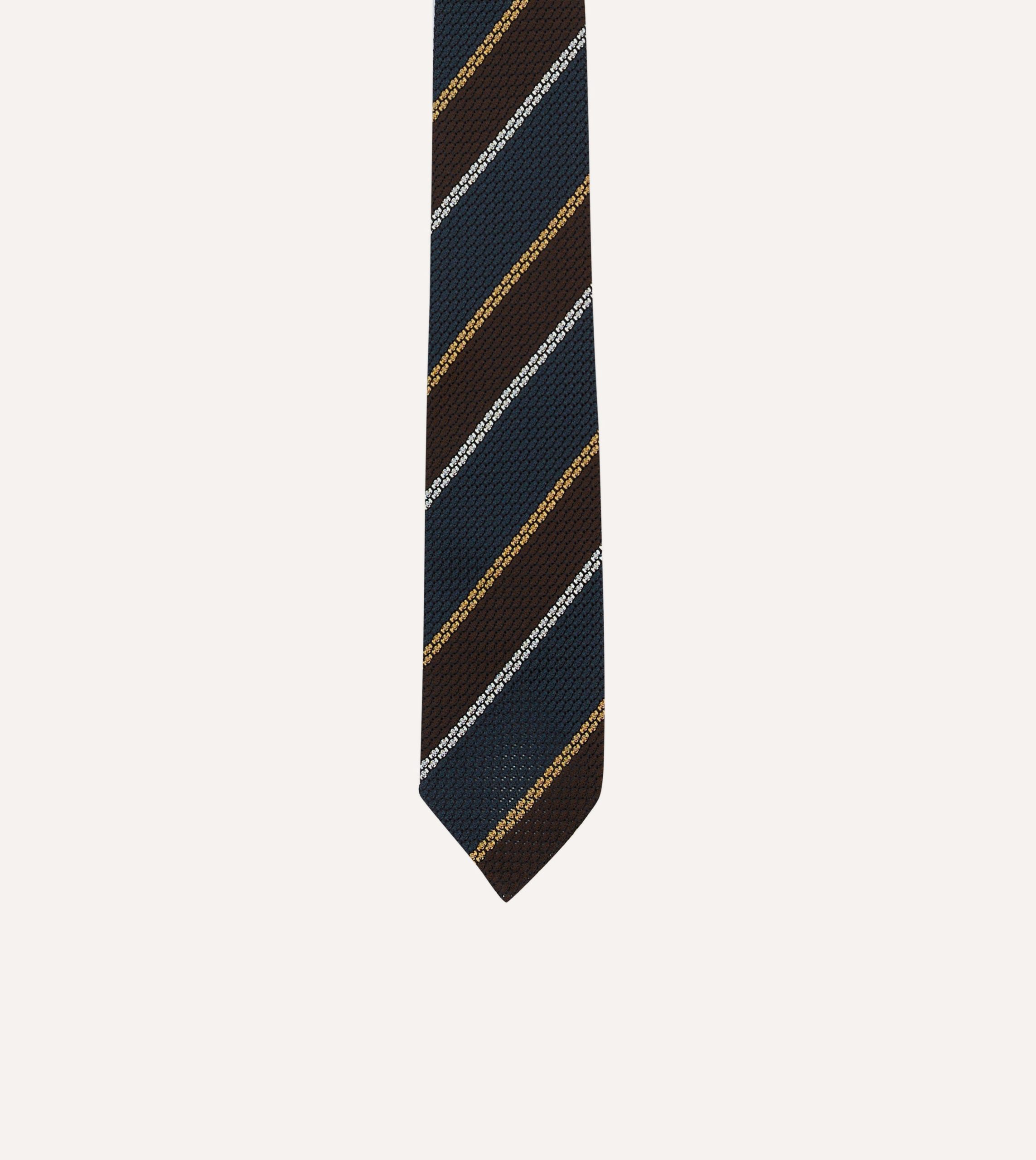 Navy. White and Brown Stripe Hand Rolled Silk Grenadine Tie - Image 3