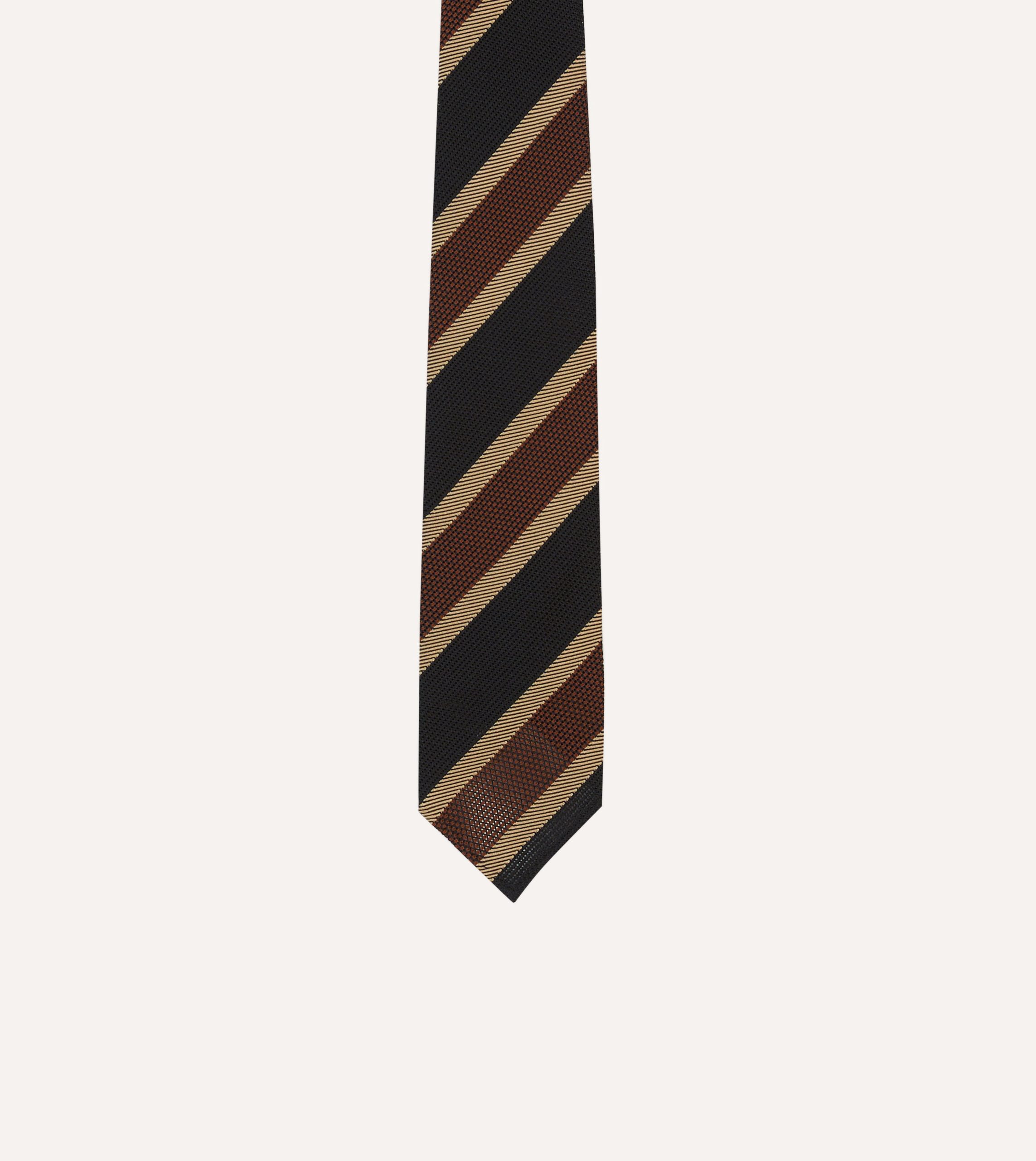 Black and Brown Multi Stripe Hand Rolled Silk Grenadine Tie - Image 3