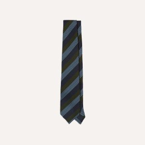 Navy. Green and Blue Block Stripe Hand Rolled Silk Grenadine Tie