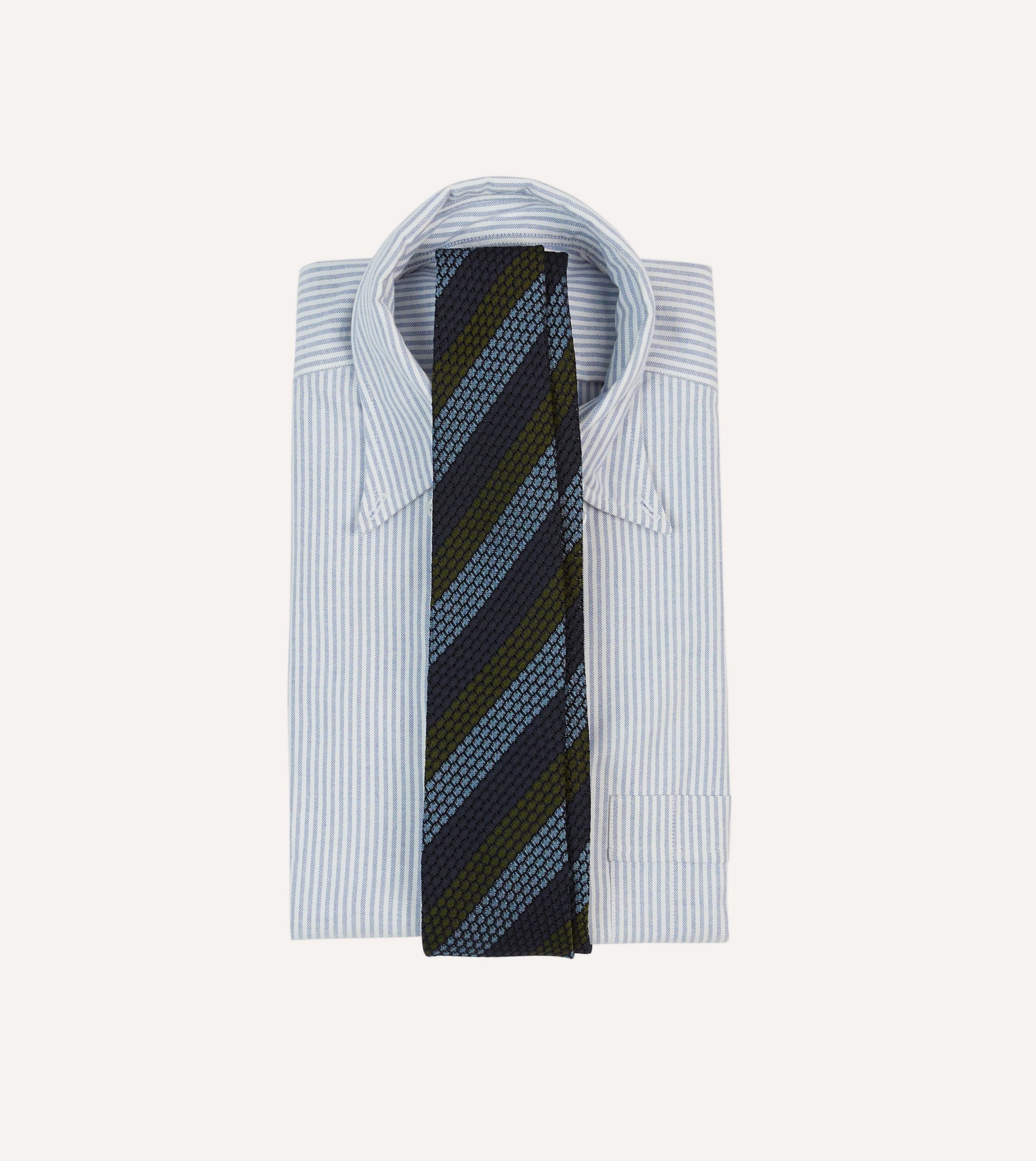 Navy. Green and Blue Block Stripe Hand Rolled Silk Grenadine Tie - Image 2
