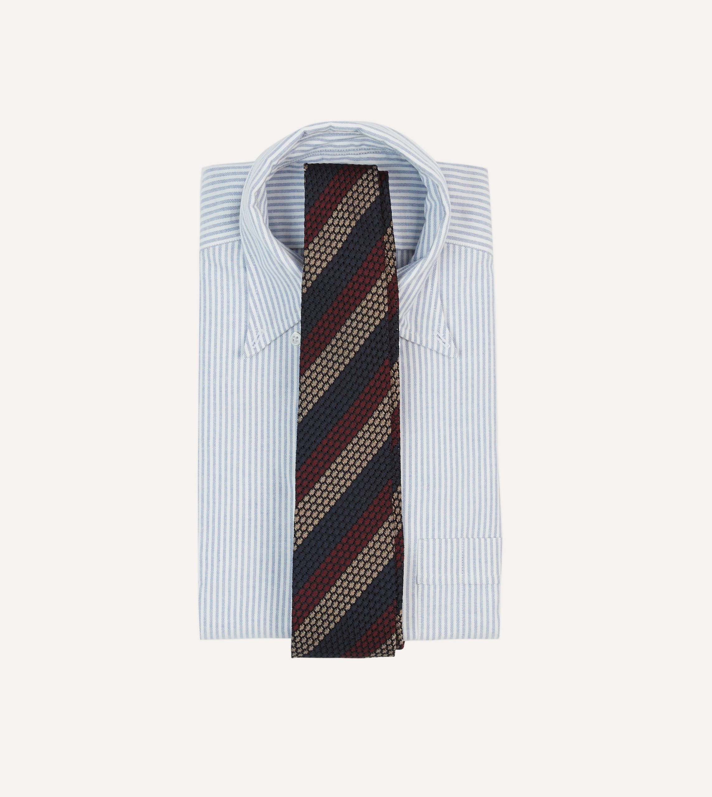 Navy. Red and Gold Block Stripe Hand Rolled Silk Grenadine Tie - Image 2