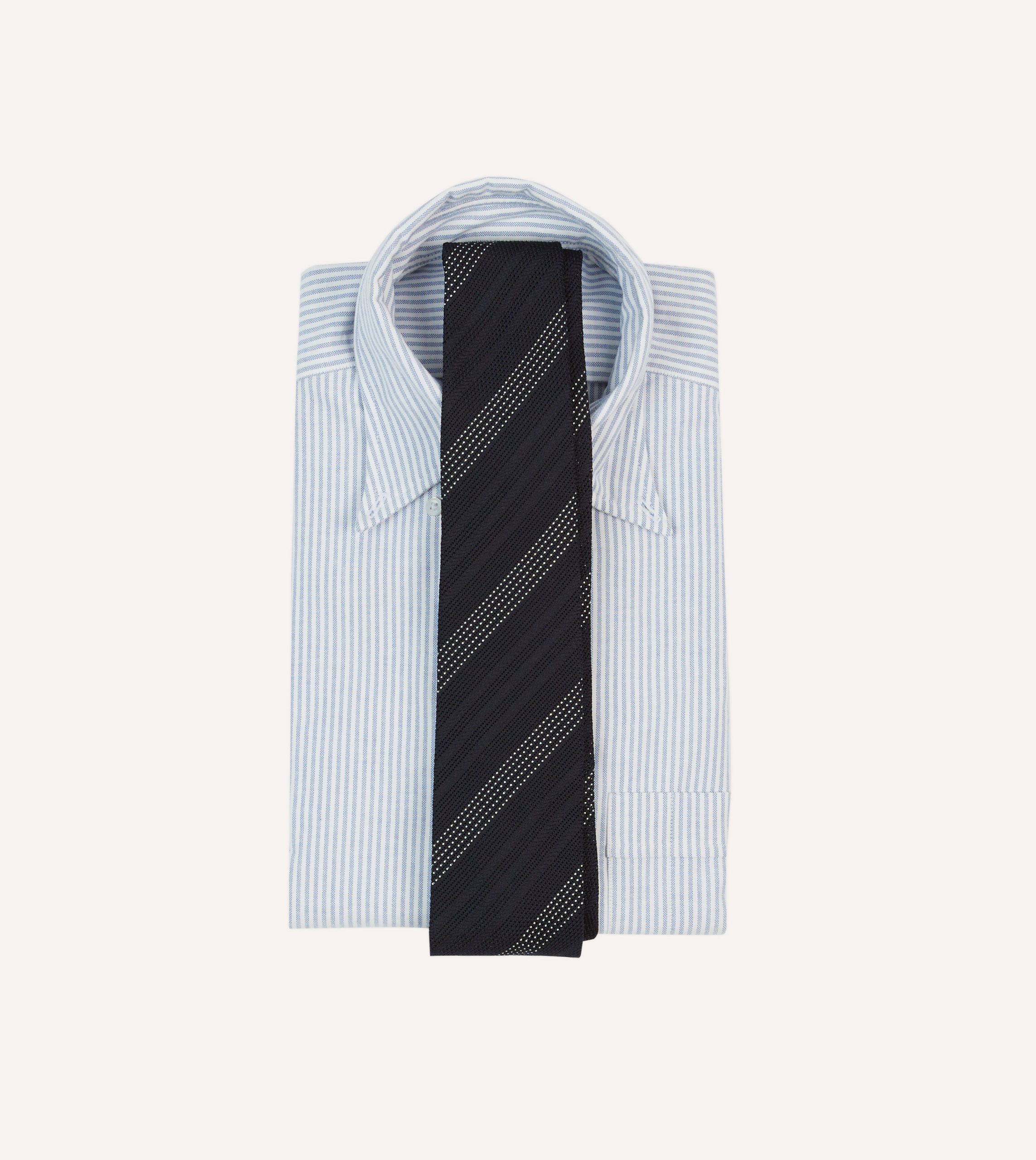 Navy and White Dashed Stripe Hand Rolled Silk Grenadine Tie - Image 2