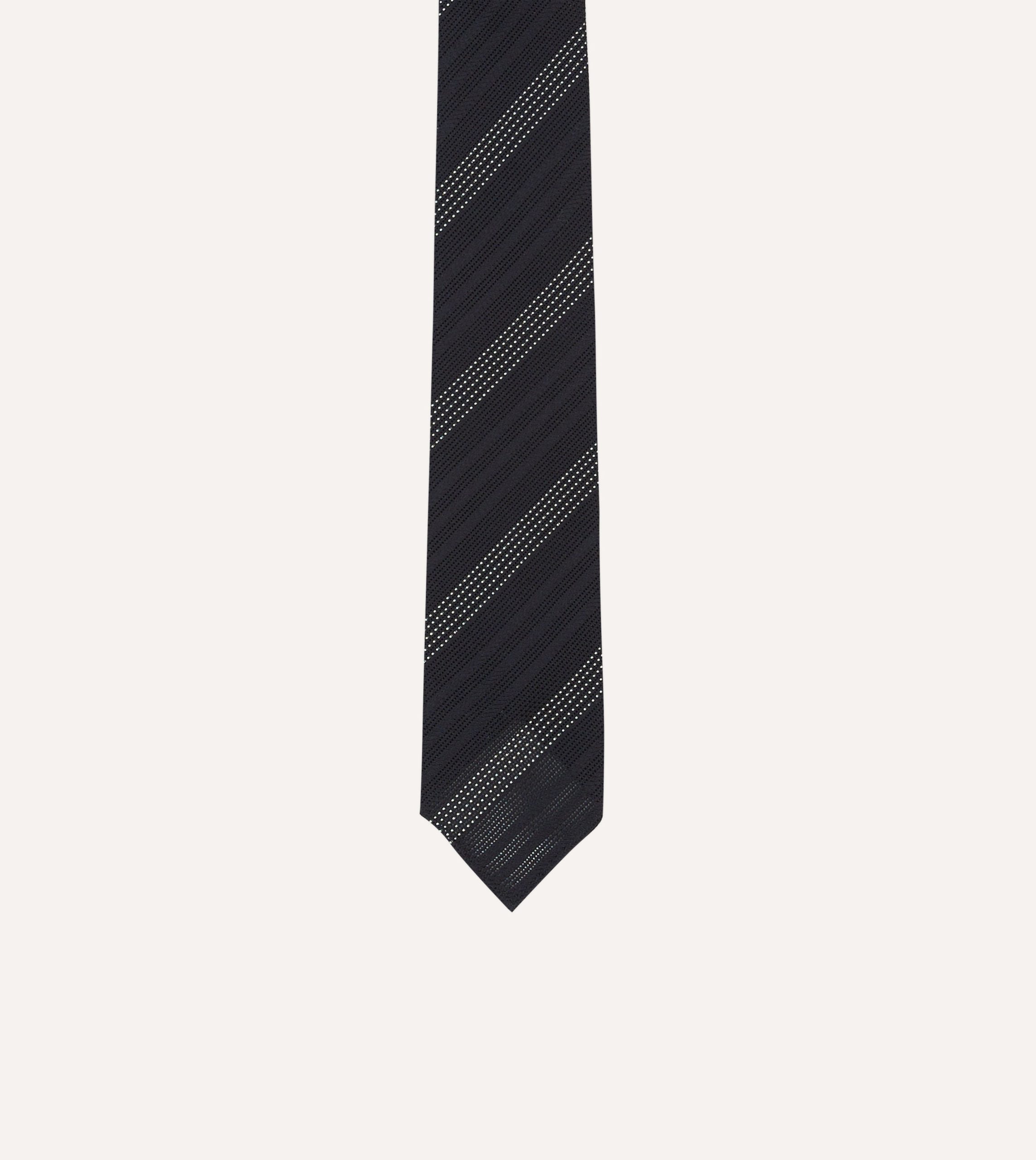 Navy and White Dashed Stripe Hand Rolled Silk Grenadine Tie - Image 3
