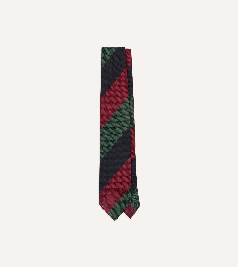 Green. Red and Navy Wide Stripe Hand Rolled Silk Grenadine Tie