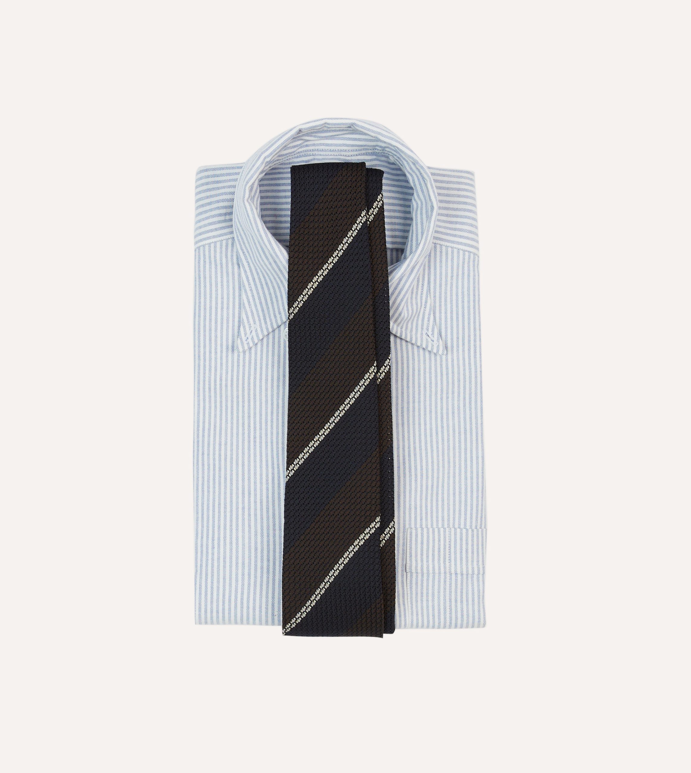 Navy. Brown and White Multi Stripe Hand Rolled Silk Grenadine Tie - Image 2