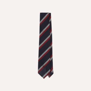 Navy. Red and White Double Stripe Hand Rolled Silk Grenadine Tie