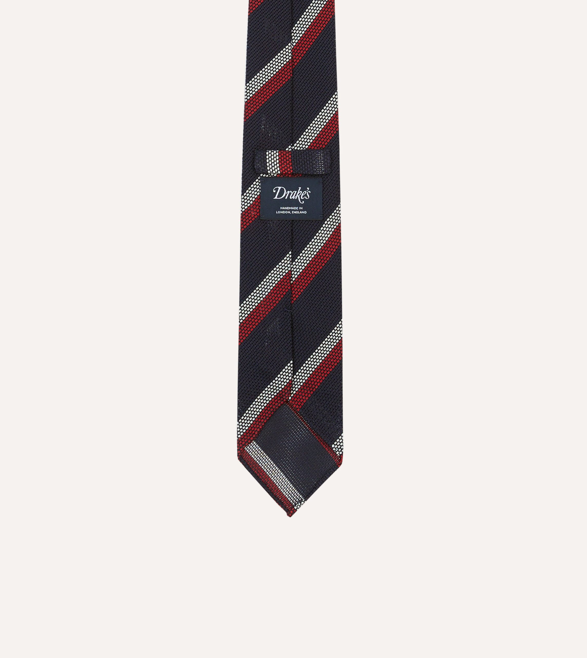 Navy. Red and White Double Stripe Hand Rolled Silk Grenadine Tie - Image 4