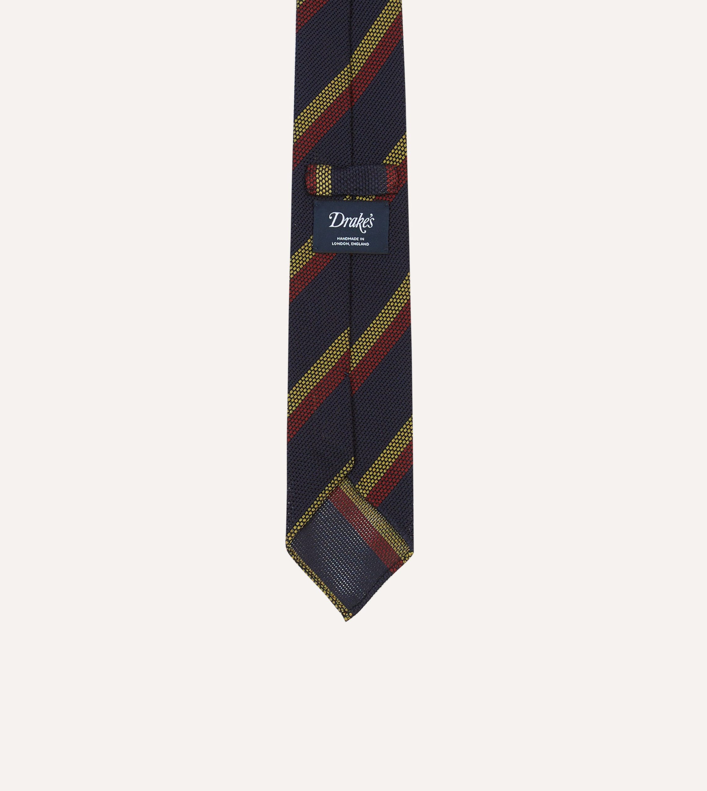 Navy. Red and Gold Double Stripe Hand Rolled Silk Grenadine Tie - Image 4