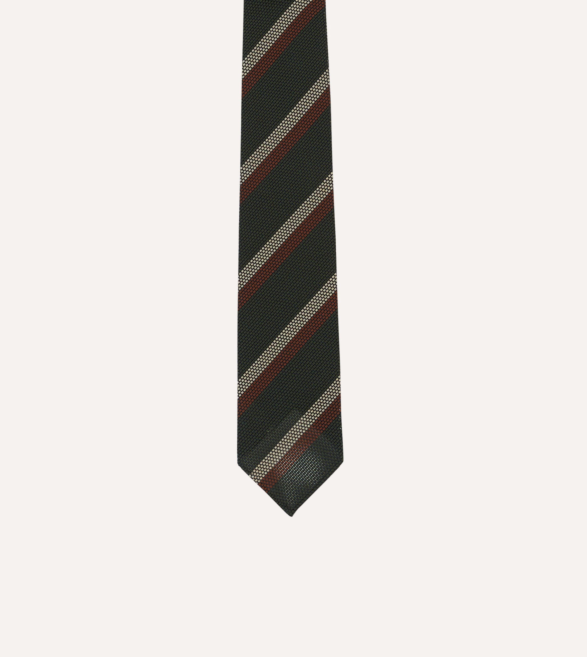 Green. White and Brown Double Stripe Hand Rolled Silk Grenadine Tie - Image 3