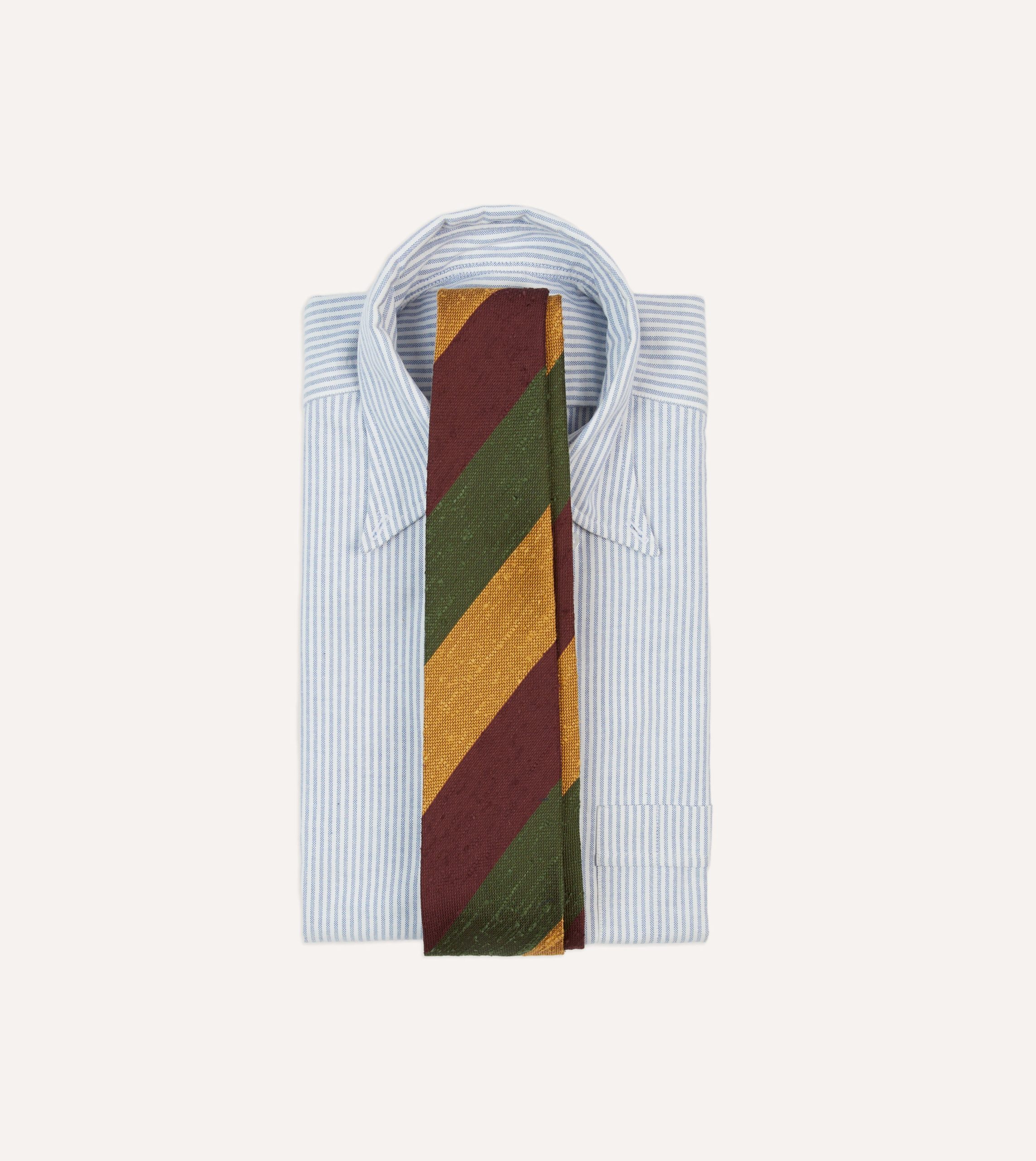 Burgundy. Gold and Olive Block Stripe Shantung Silk Tie - Image 2